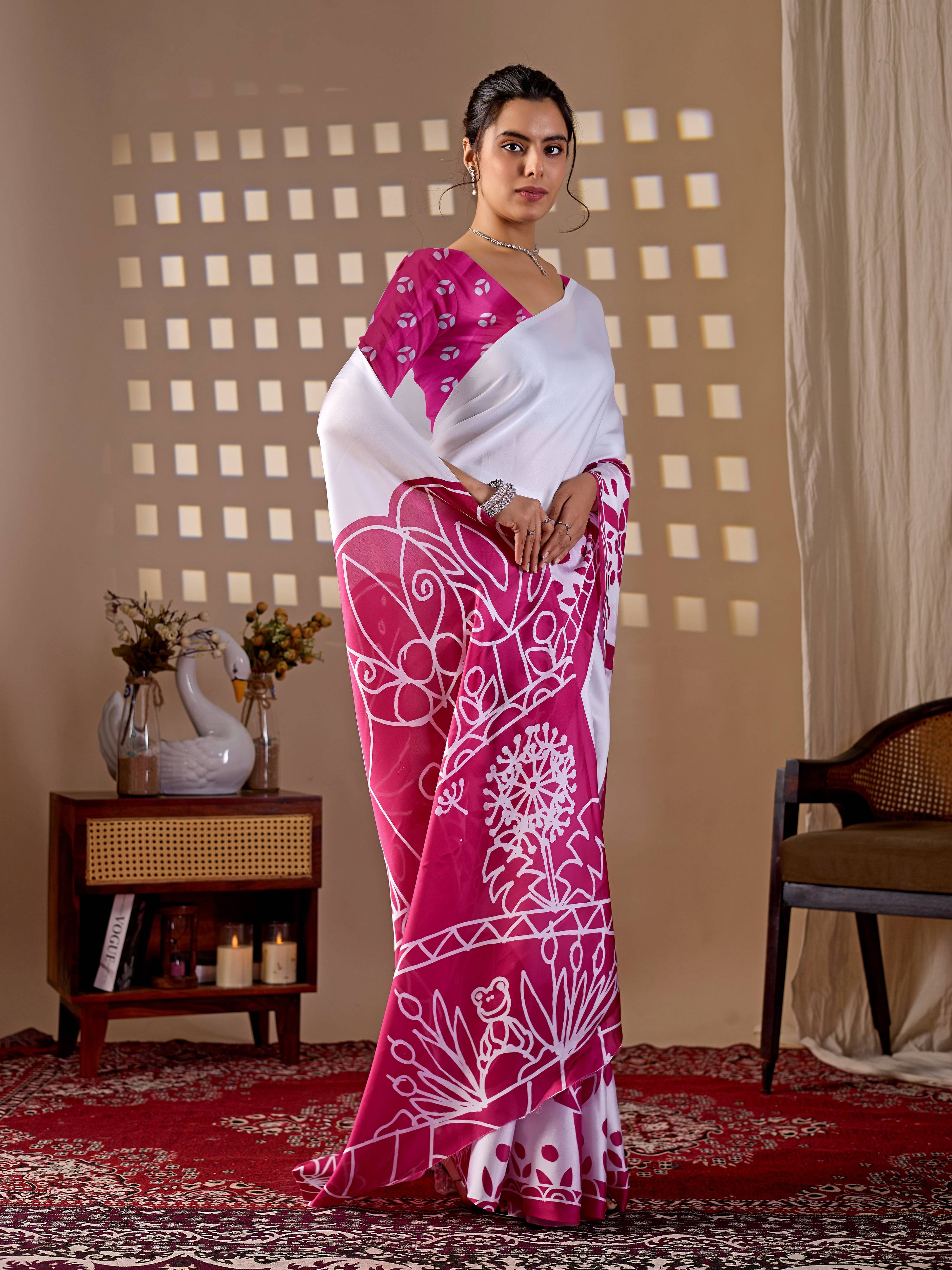 Aastha Fashion White Soft Satin Georgette Printed Saree