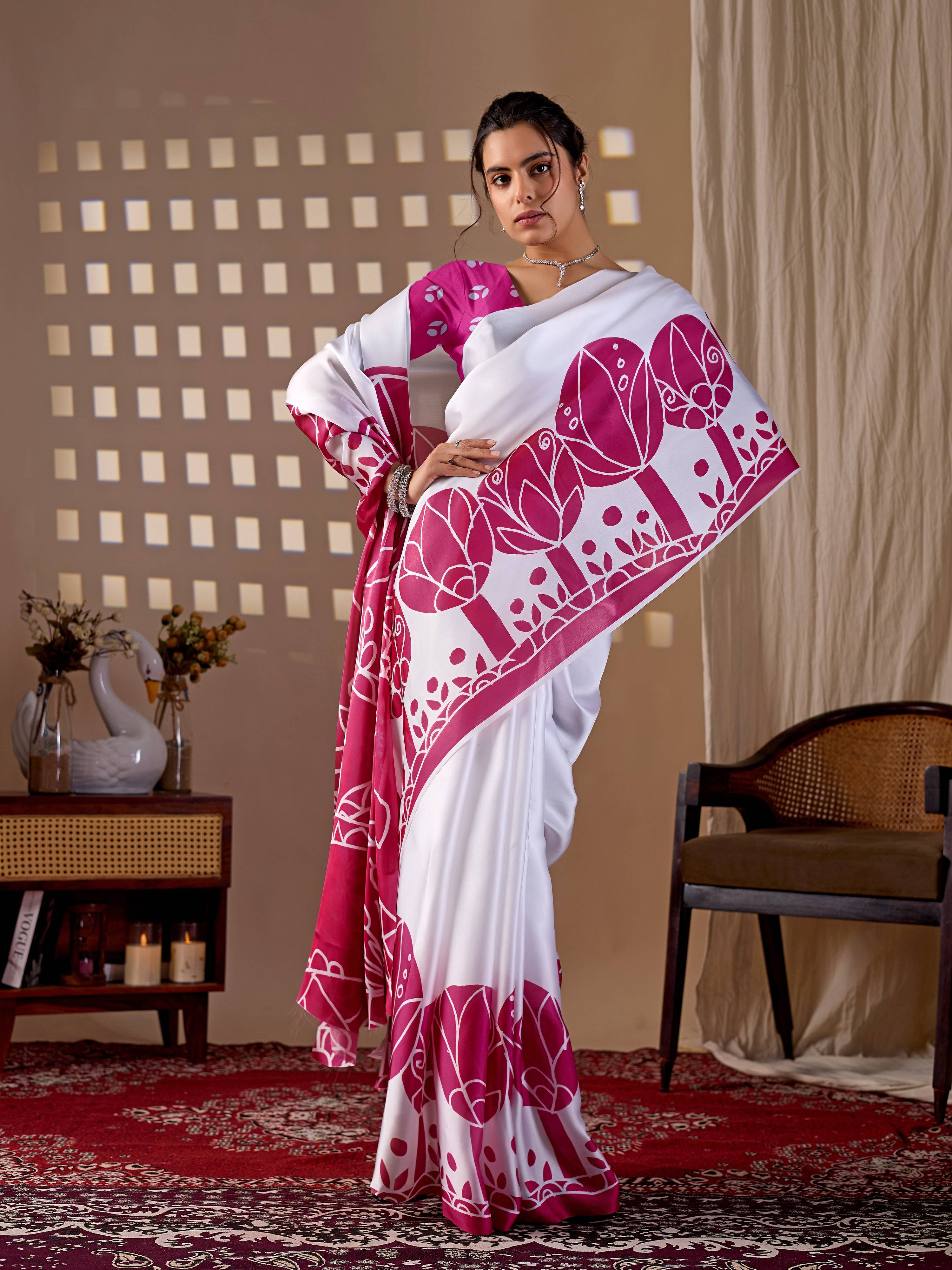 Aastha Fashion White Soft Satin Georgette Printed Saree