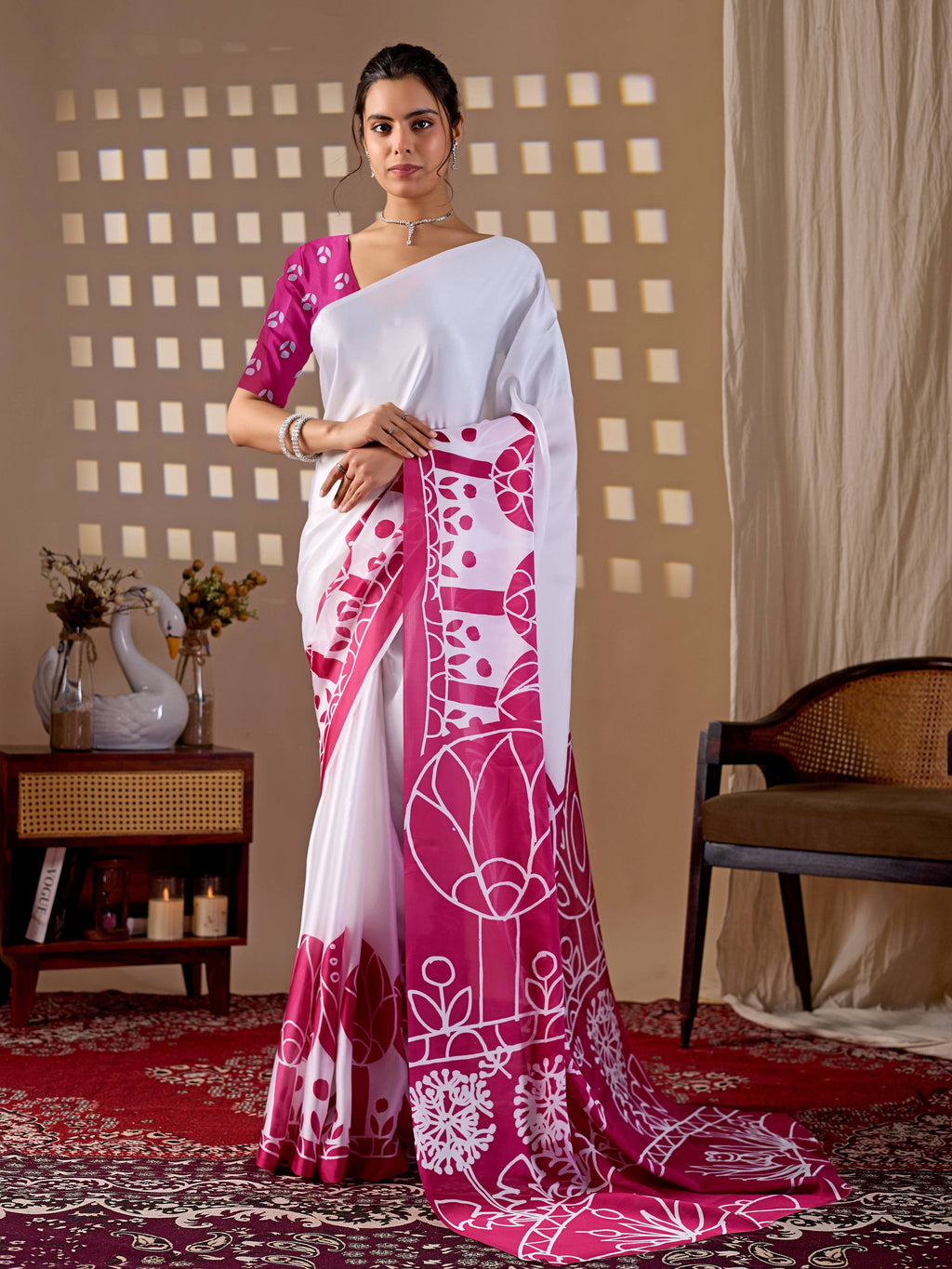 Aastha Fashion White Soft Satin Georgette Printed Saree