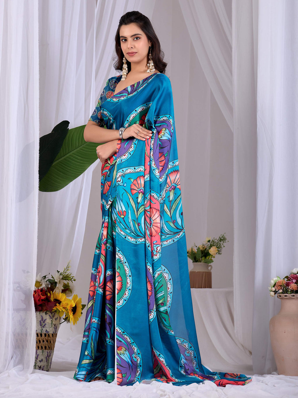 Aastha Fashion Teal Soft Satin Georgette Printed Saree