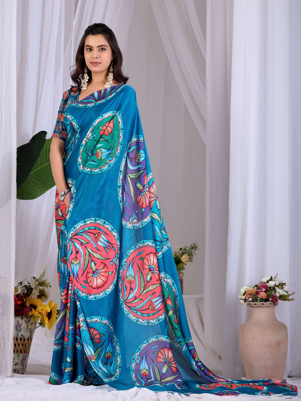 Aastha Fashion Teal Soft Satin Georgette Printed Saree