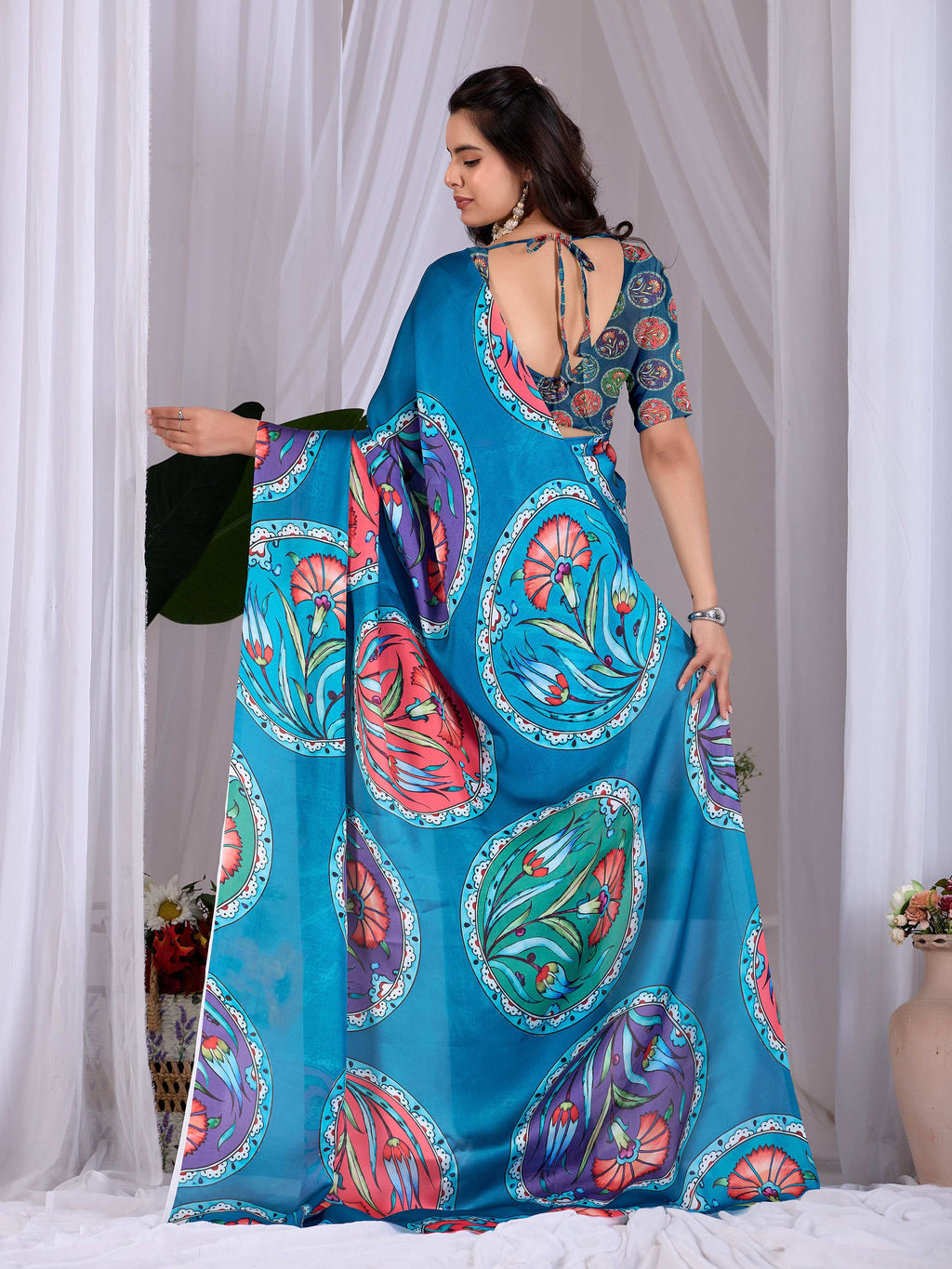 Aastha Fashion Teal Soft Satin Georgette Printed Saree