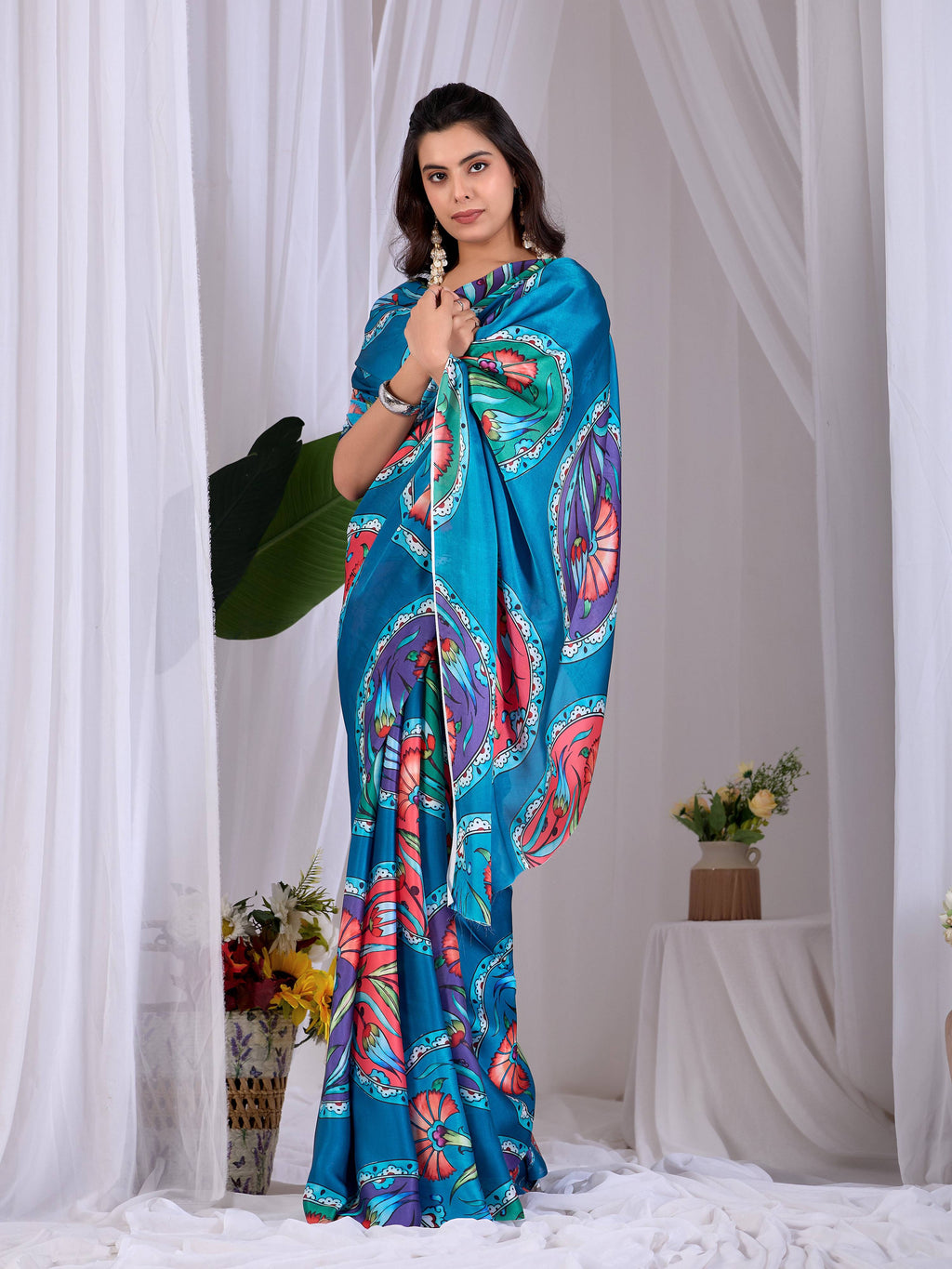 Aastha Fashion Teal Soft Satin Georgette Printed Saree