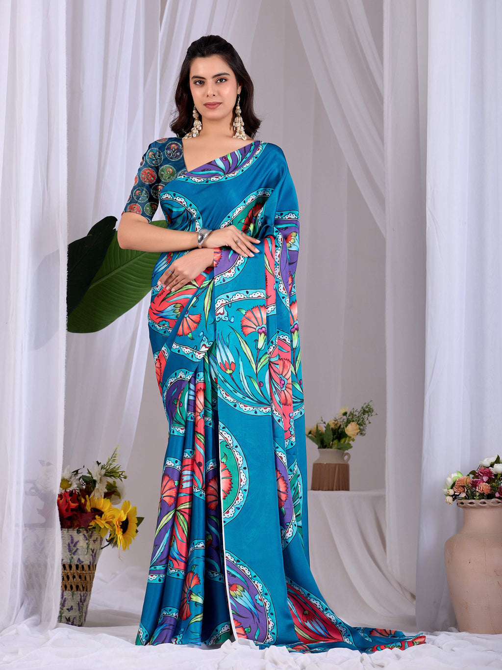 Aastha Fashion Teal Soft Satin Georgette Printed Saree