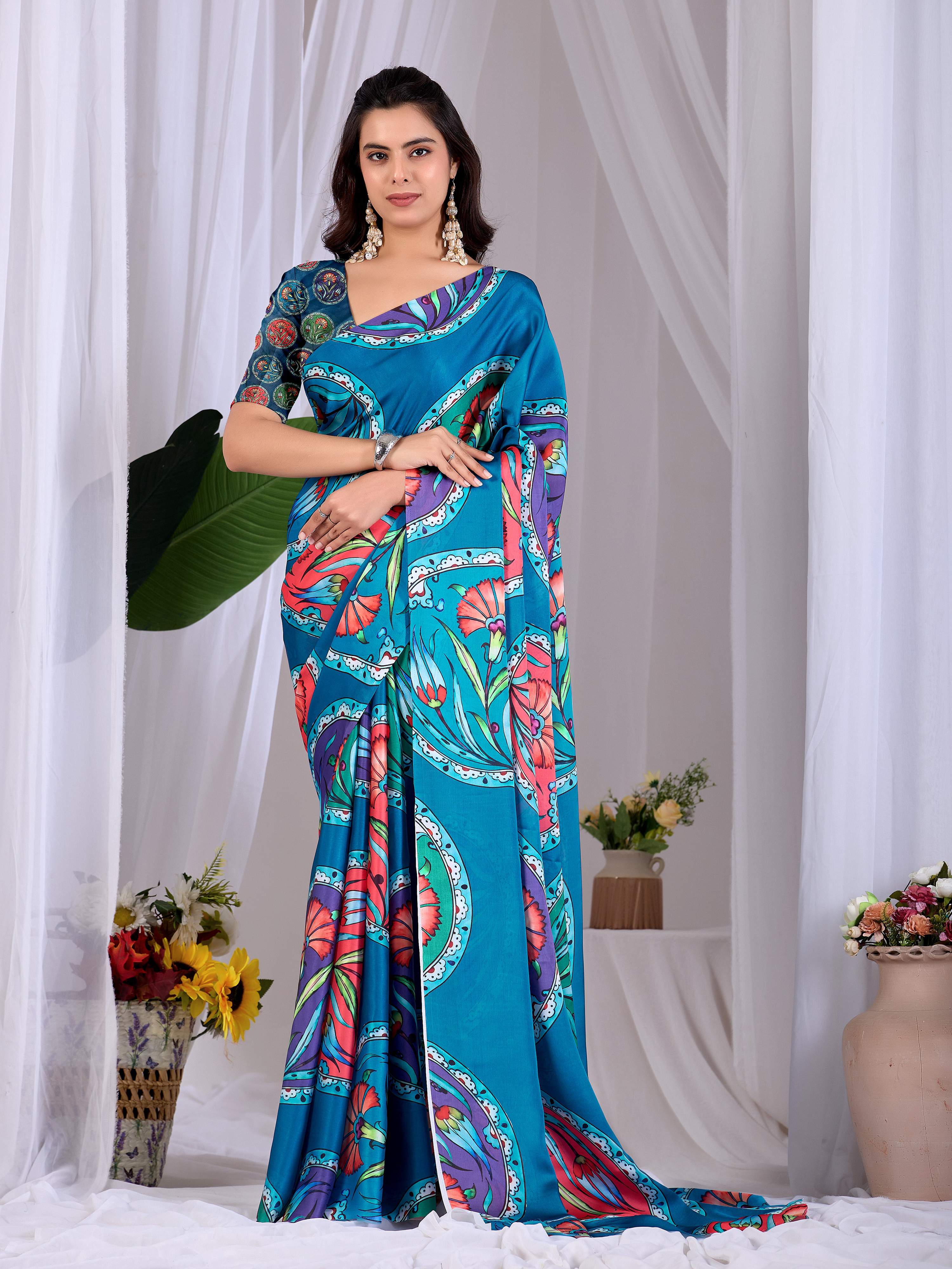 Aastha Fashion Teal Soft Satin Georgette Printed Saree