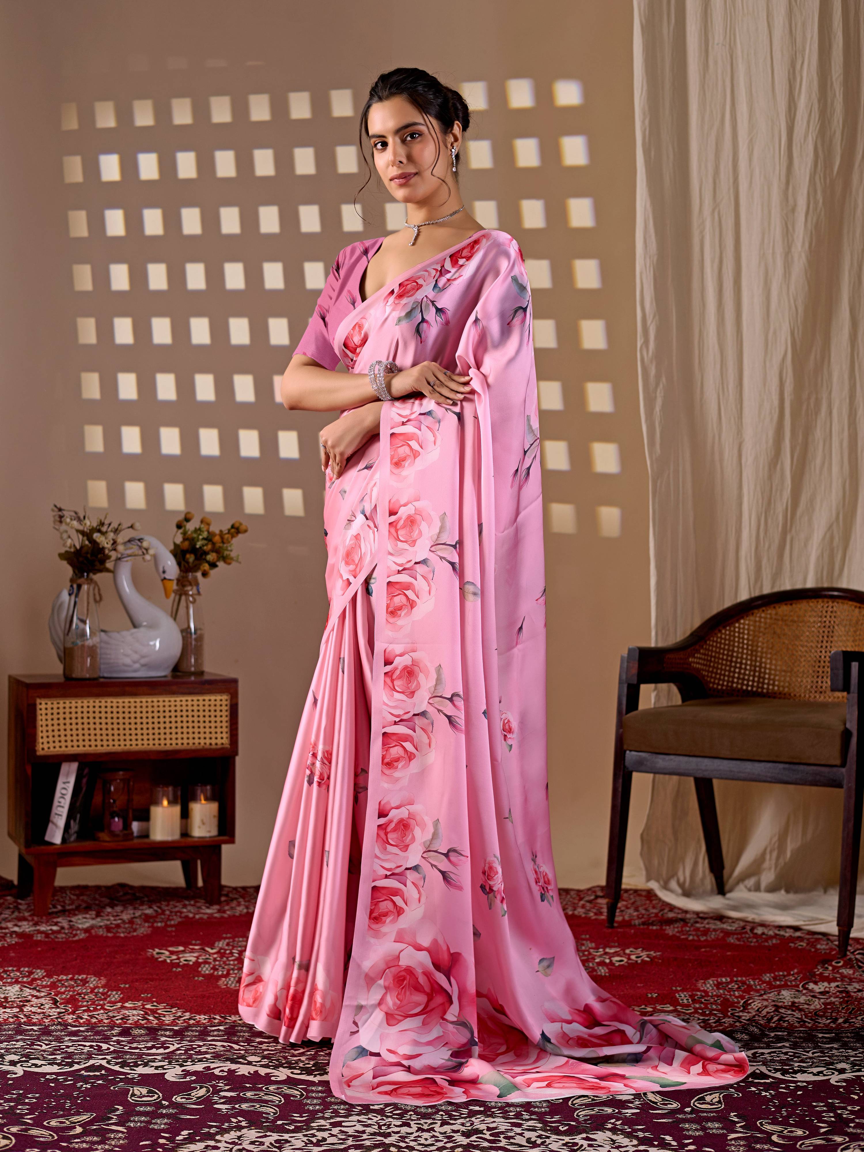 Aastha Fashion Pink Soft Satin Georgette Printed Saree
