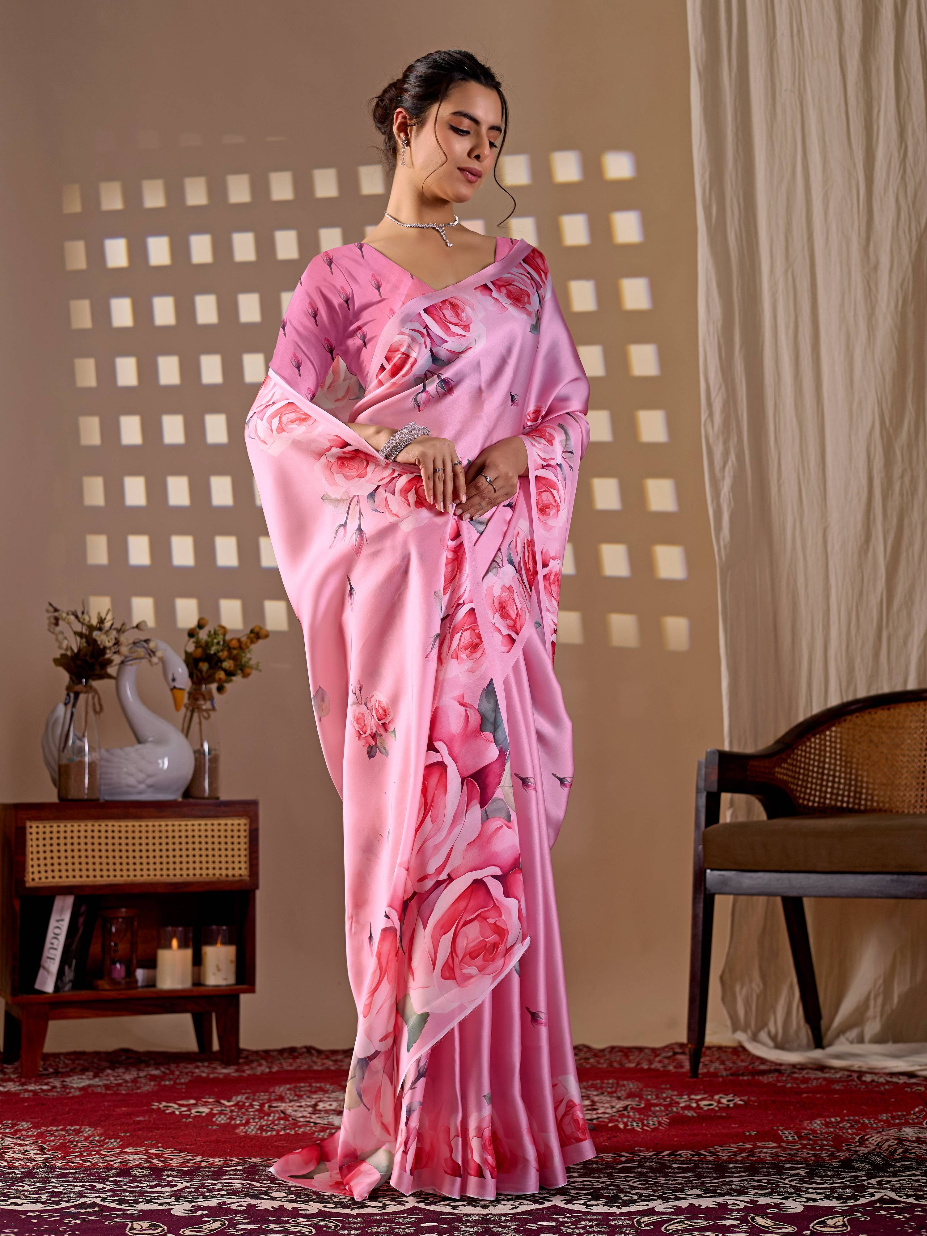Aastha Fashion Pink Soft Satin Georgette Printed Saree