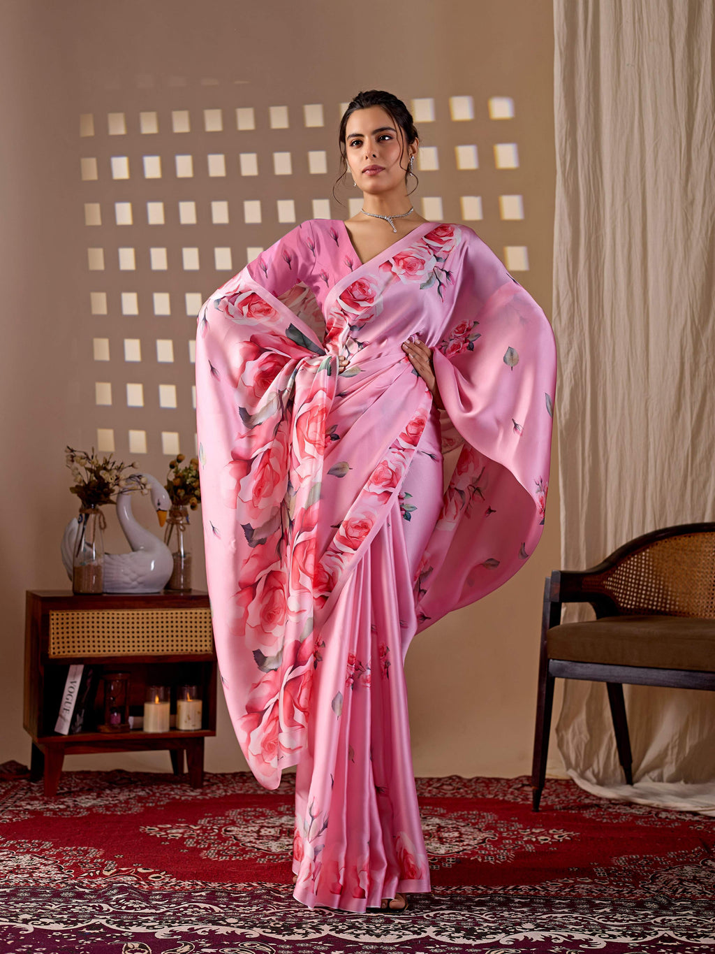 Aastha Fashion Pink Soft Satin Georgette Printed Saree