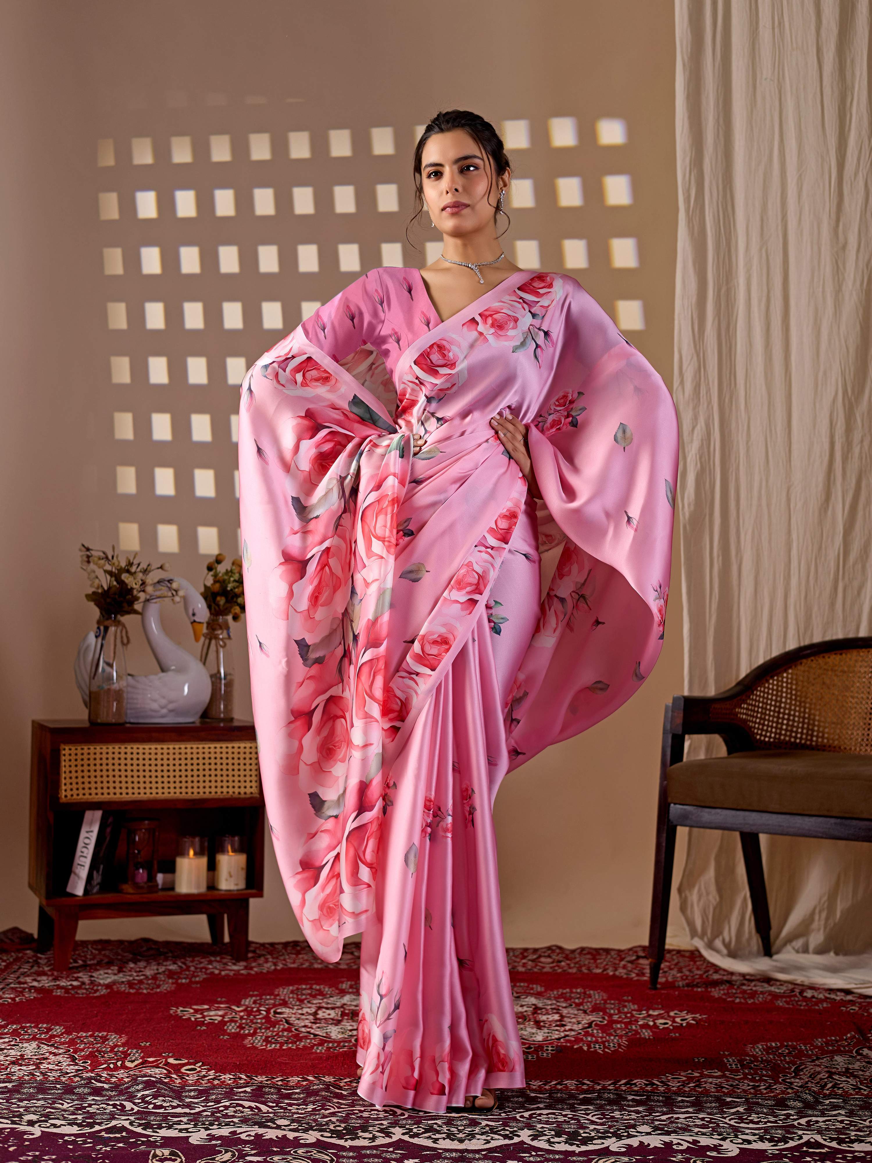 Aastha Fashion Pink Soft Satin Georgette Printed Saree