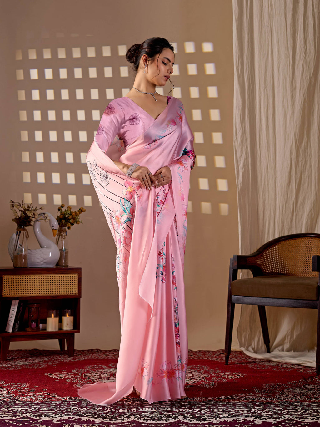 Aastha Fashion Pink Soft Satin Georgette Printed Saree