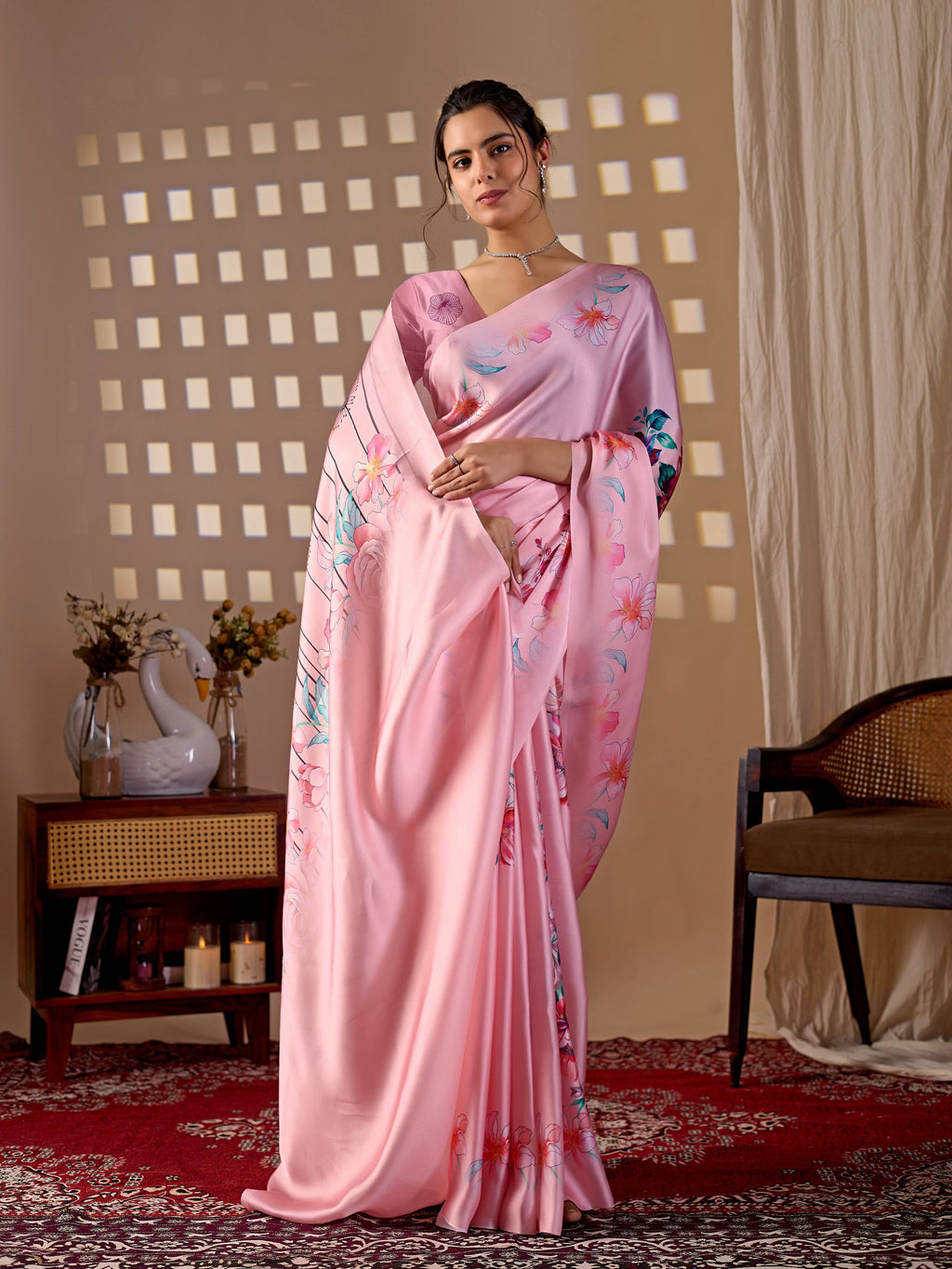 Aastha Fashion Pink Soft Satin Georgette Printed Saree