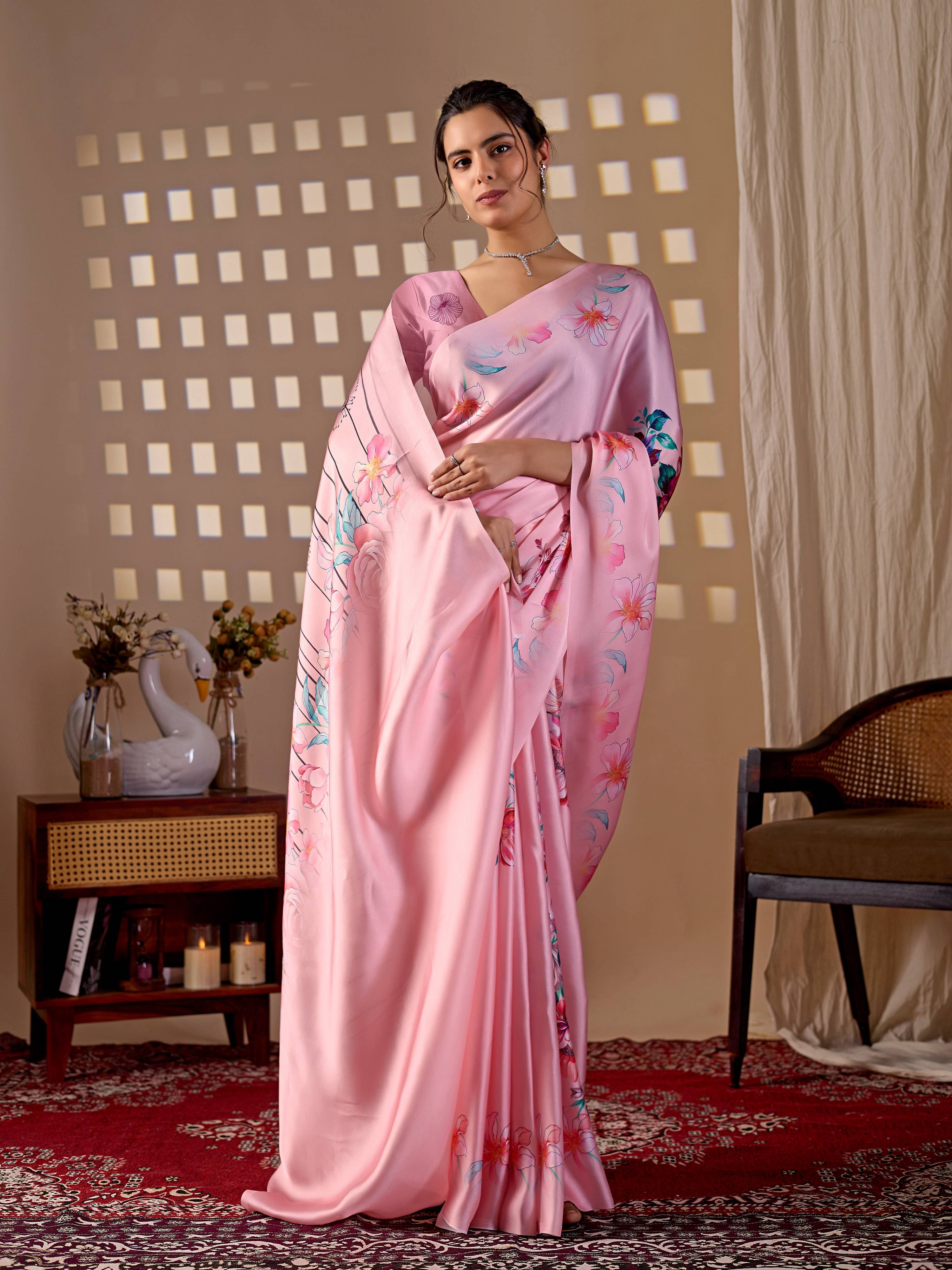 Aastha Fashion Pink Soft Satin Georgette Printed Saree
