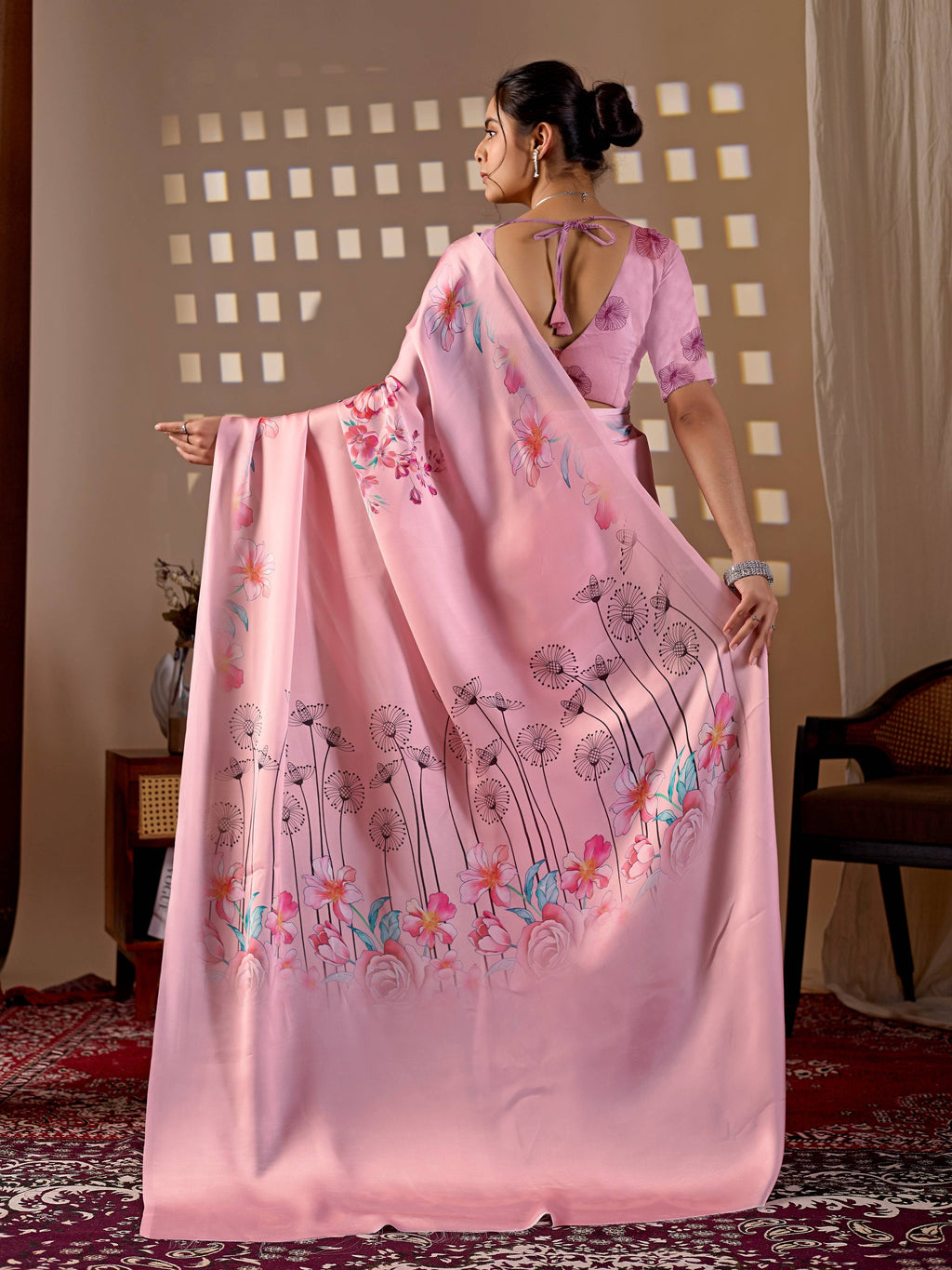 Aastha Fashion Pink Soft Satin Georgette Printed Saree