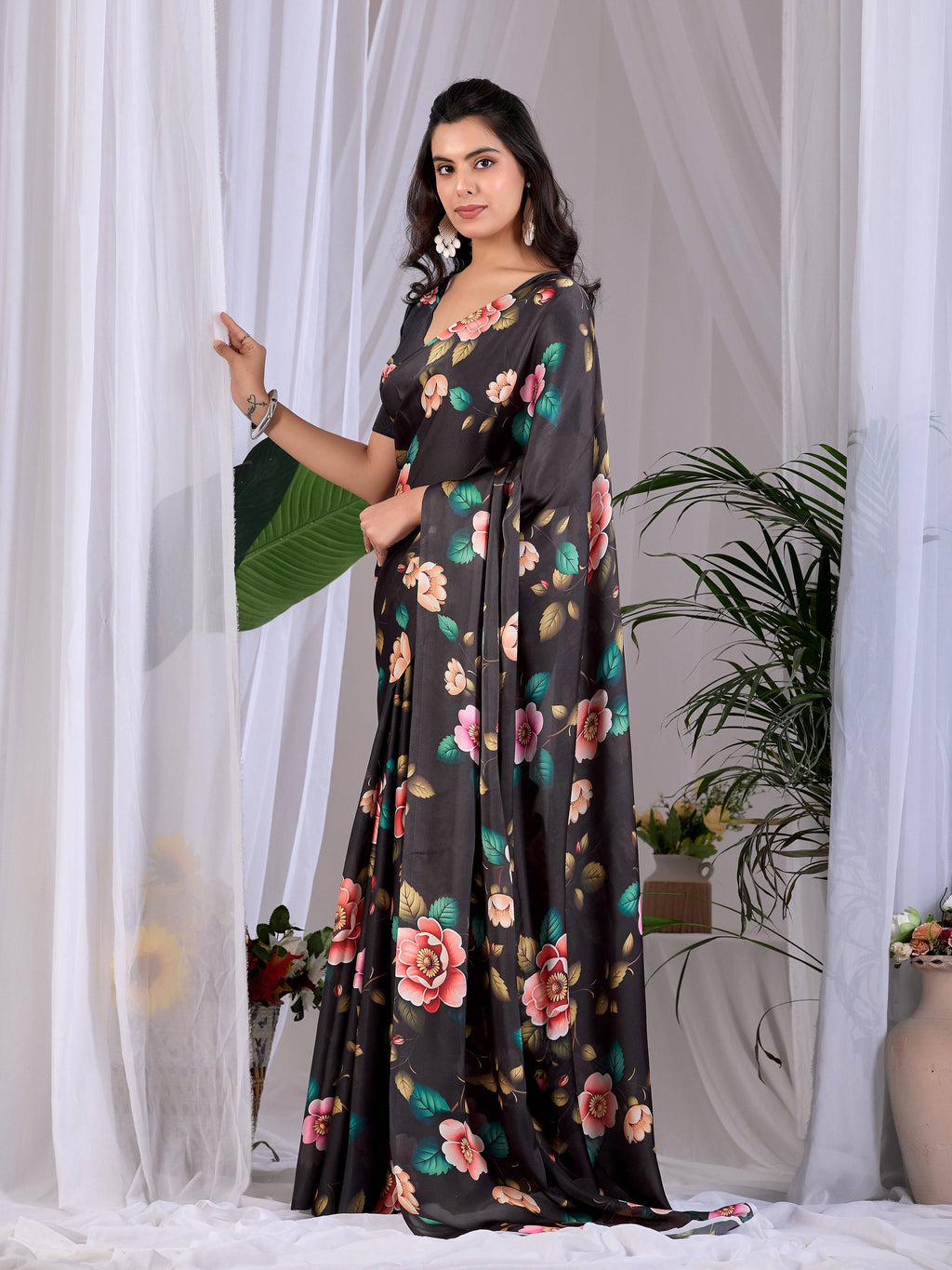 Aastha Fashion Black Soft Satin Georgette Printed Saree
