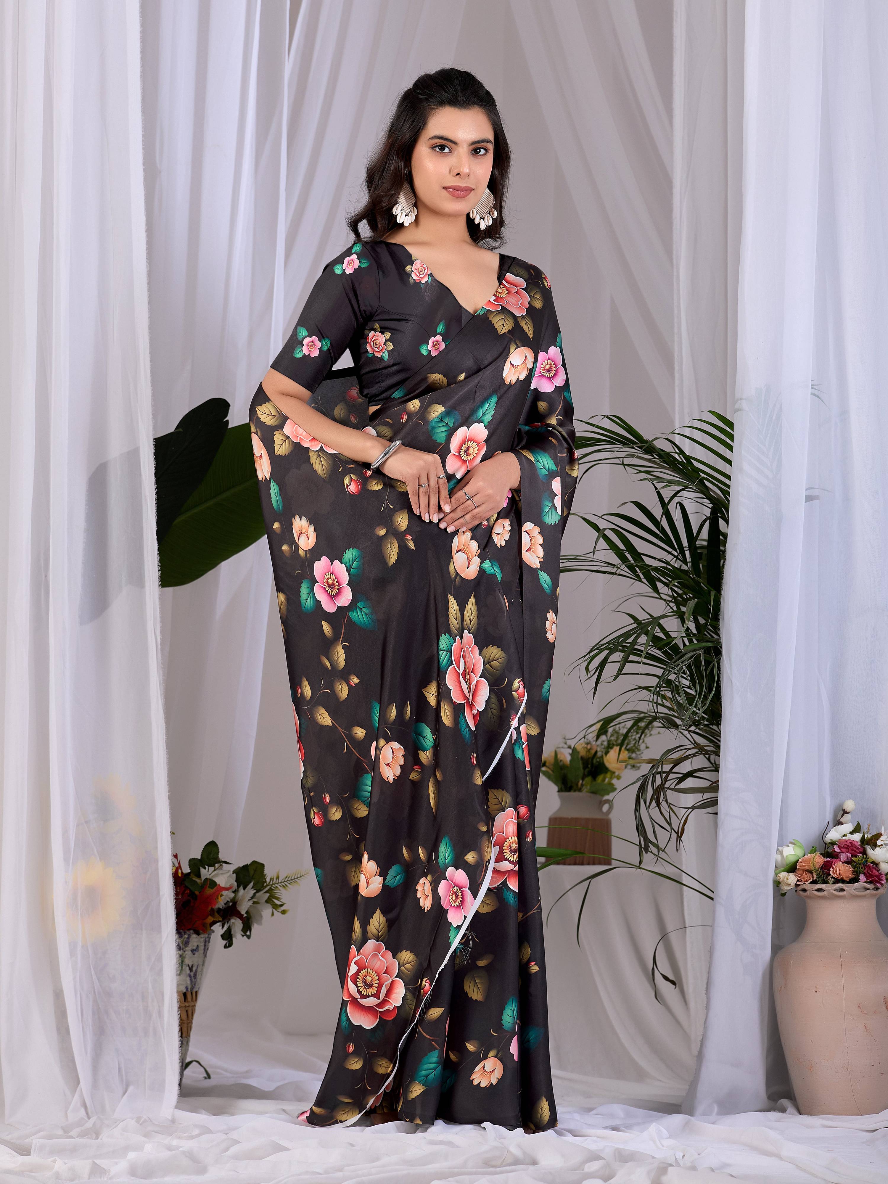 Aastha Fashion Black Soft Satin Georgette Printed Saree