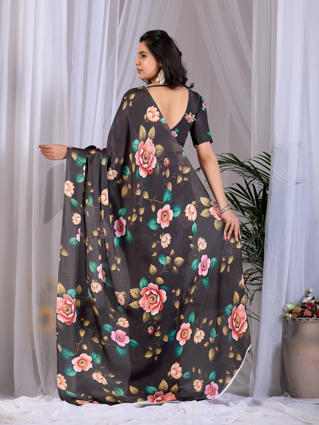 Aastha Fashion Black Soft Satin Georgette Printed Saree