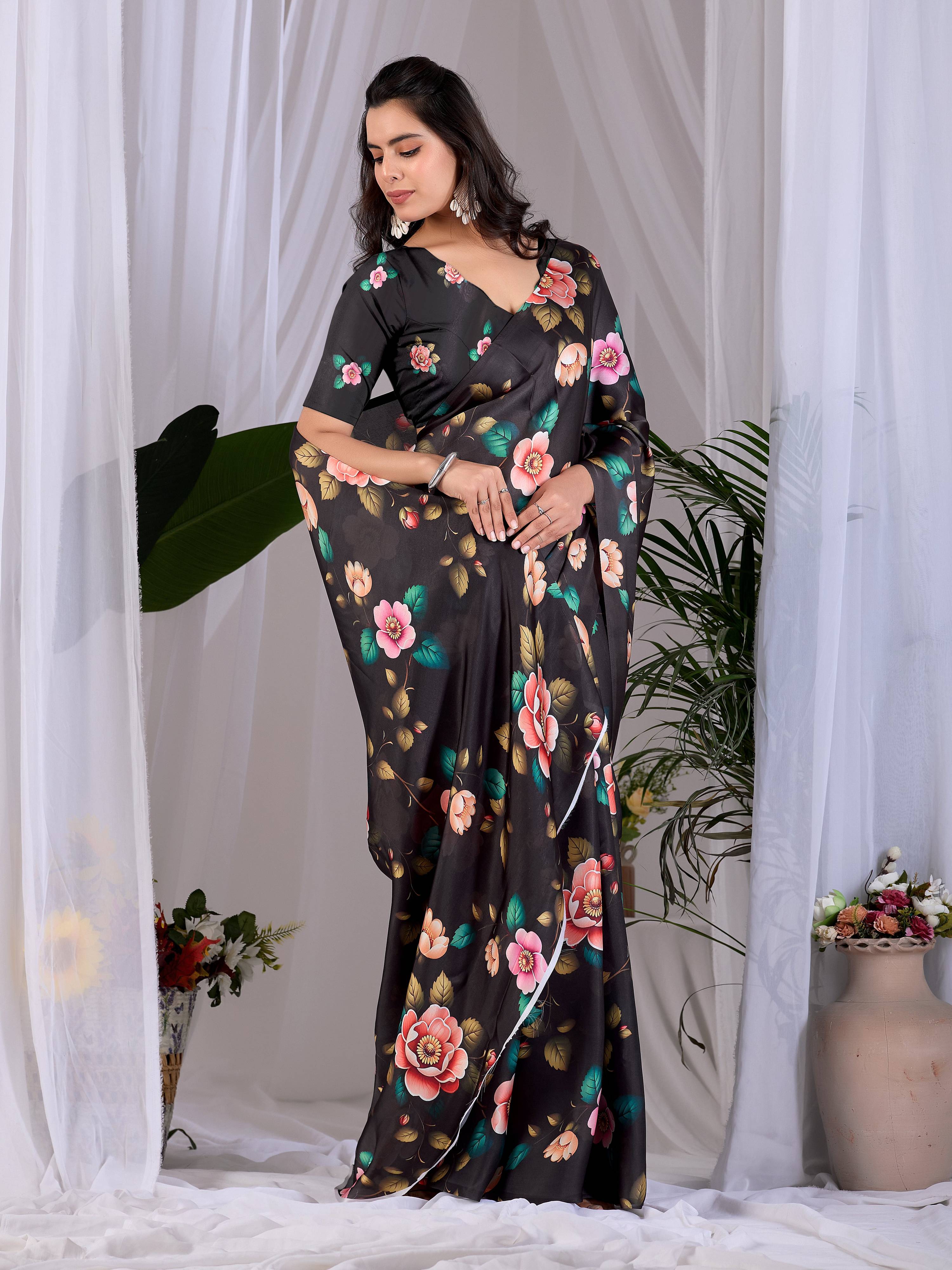 Aastha Fashion Black Soft Satin Georgette Printed Saree