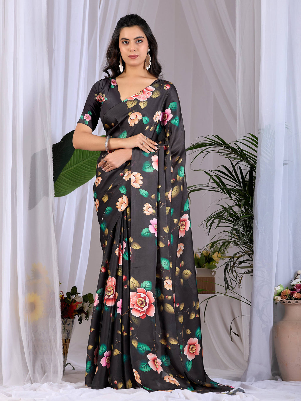 Aastha Fashion Black Soft Satin Georgette Printed Saree