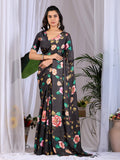 Aastha Fashion Black Soft Satin Georgette Printed Saree