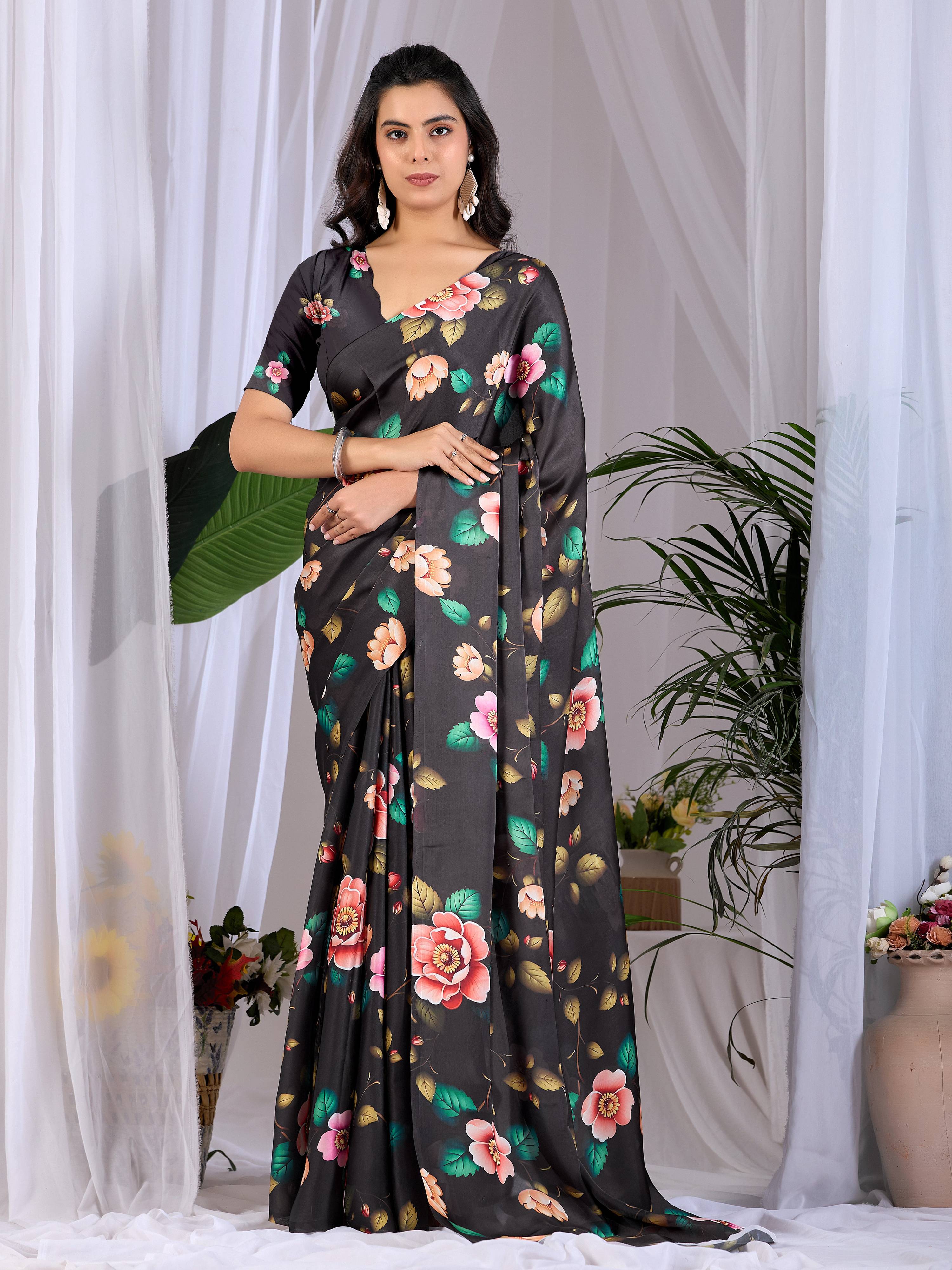 Aastha Fashion Black Soft Satin Georgette Printed Saree