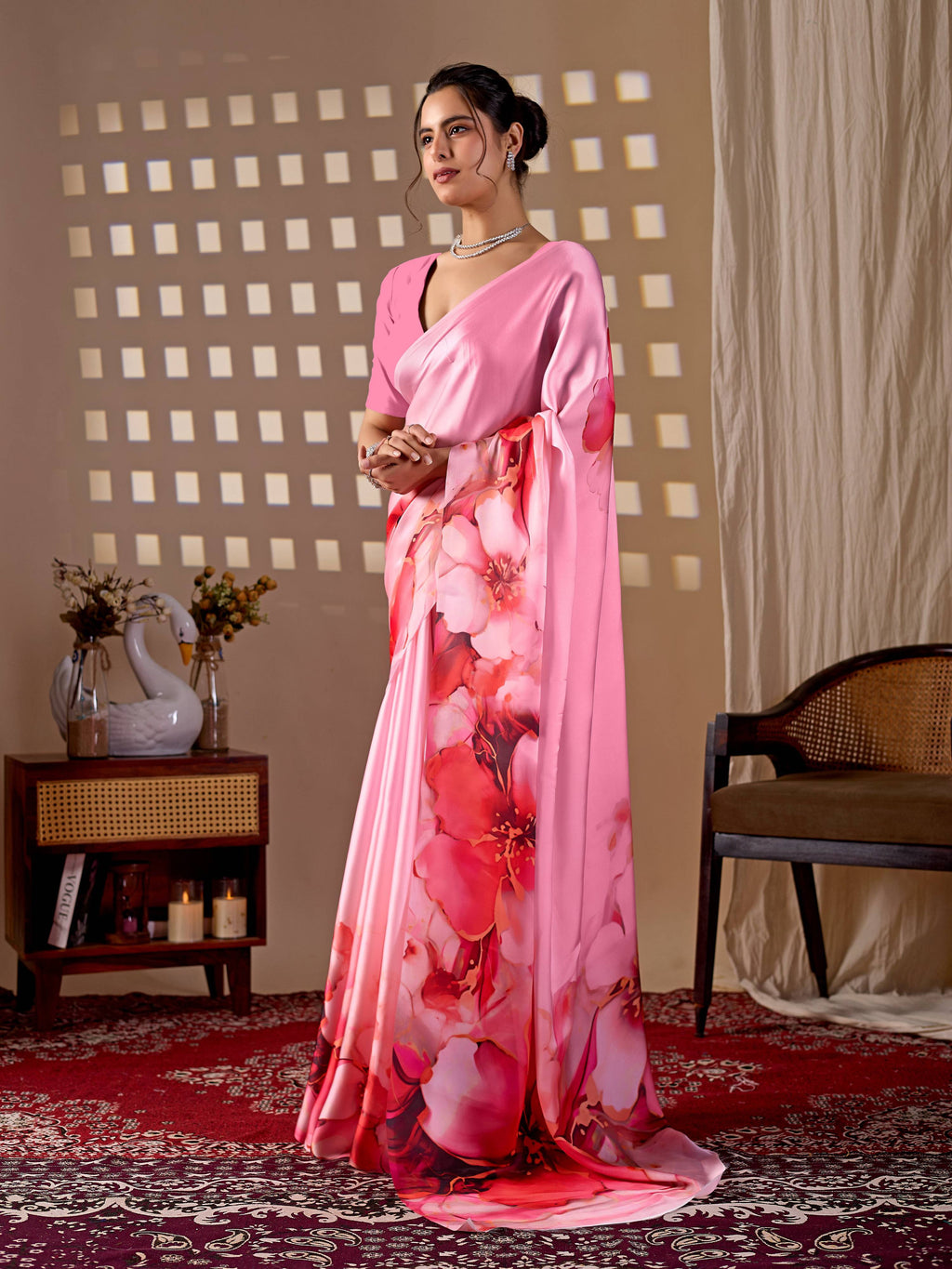 Aastha Fashion Pink Soft Satin Georgette Printed Saree