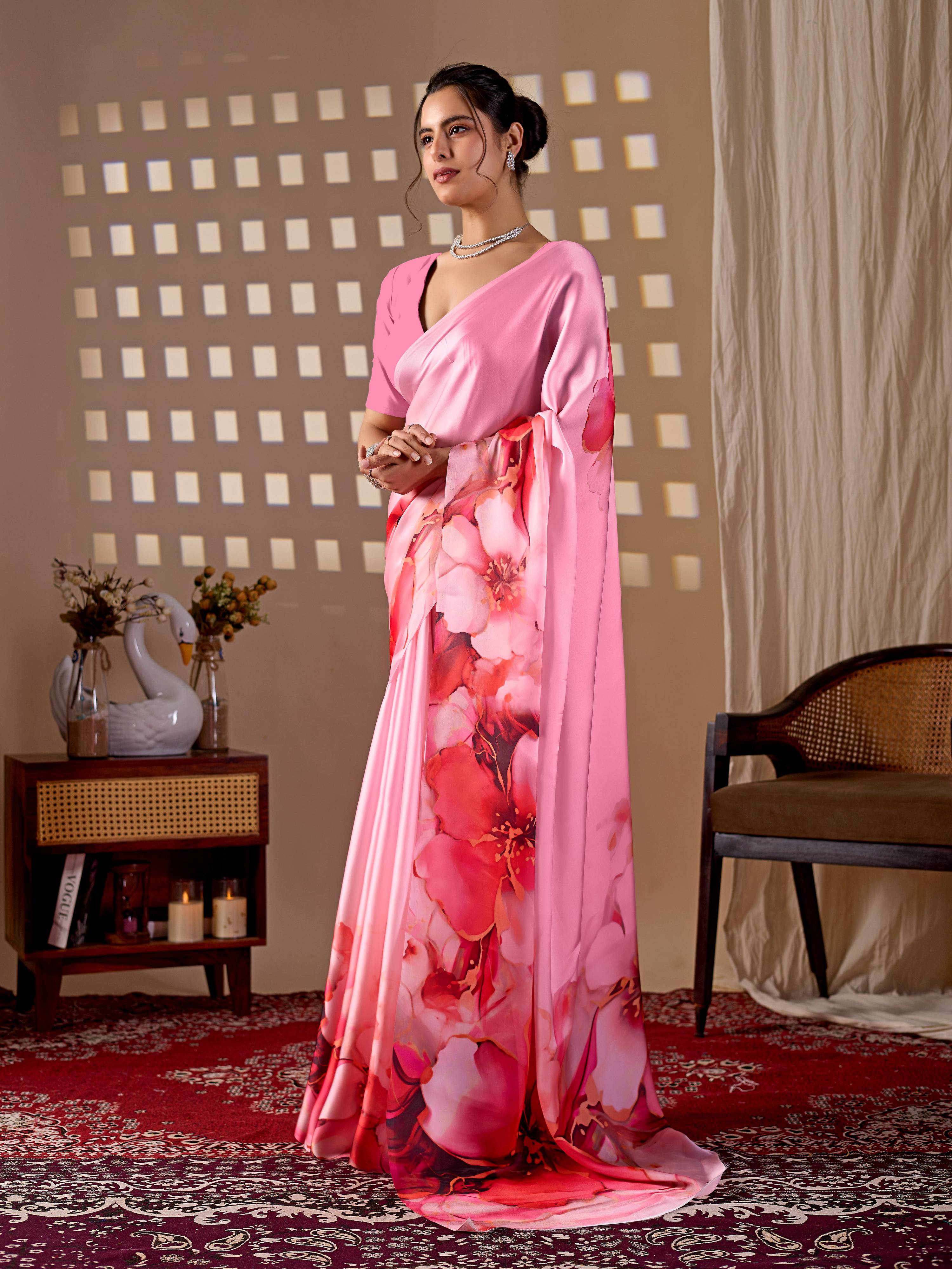 Aastha Fashion Pink Soft Satin Georgette Printed Saree