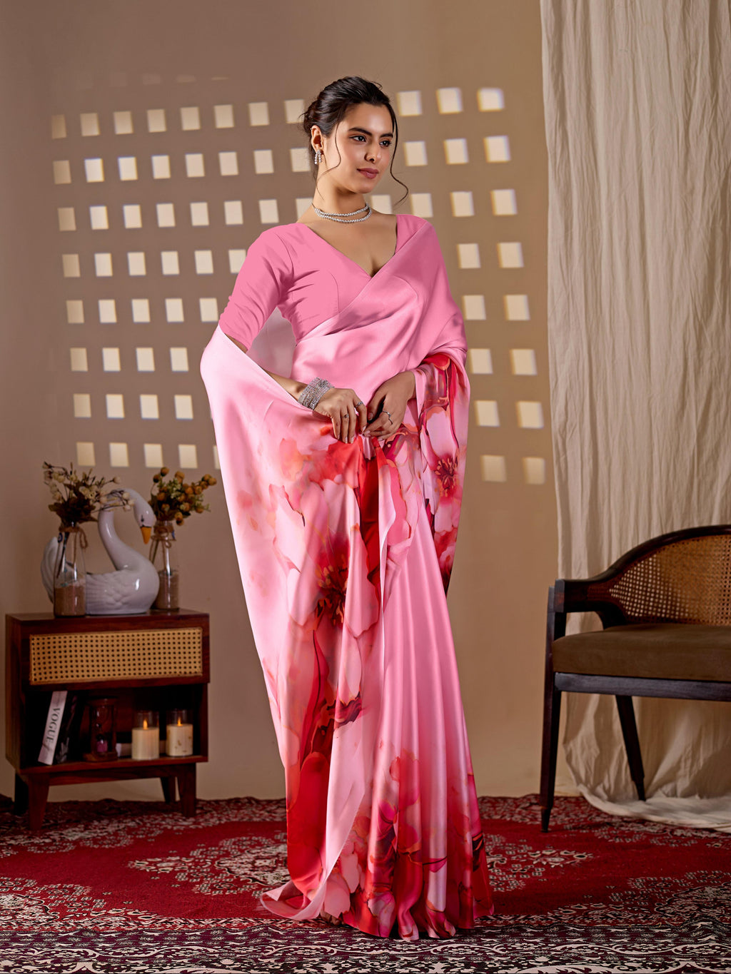 Aastha Fashion Pink Soft Satin Georgette Printed Saree