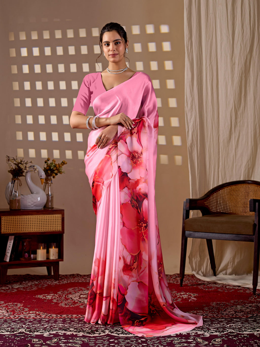 Aastha Fashion Pink Soft Satin Georgette Printed Saree