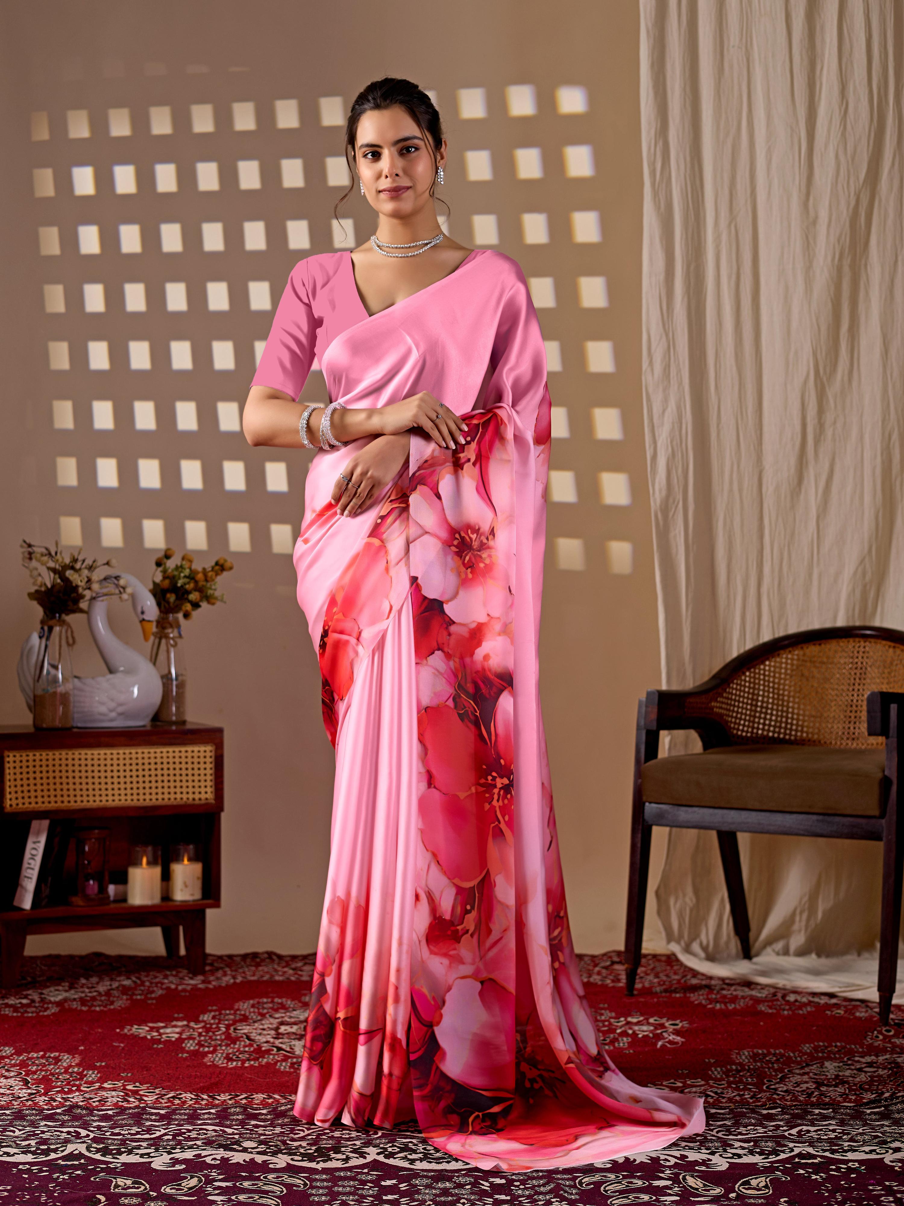 Aastha Fashion Pink Soft Satin Georgette Printed Saree