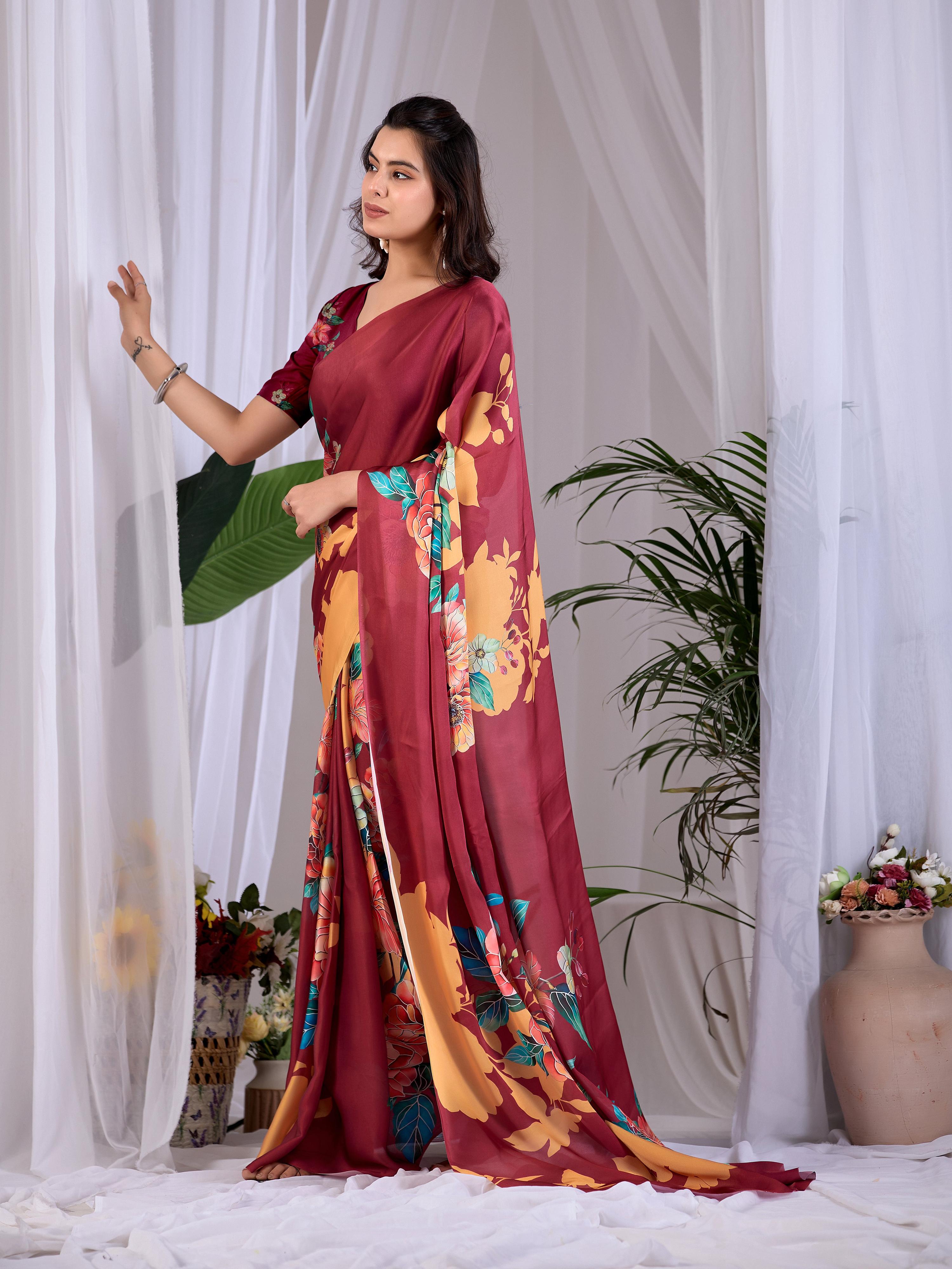 Aastha Fashion Maroon Soft Satin Georgette Printed Saree