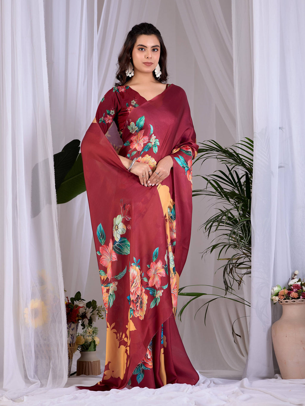 Aastha Fashion Maroon Soft Satin Georgette Printed Saree