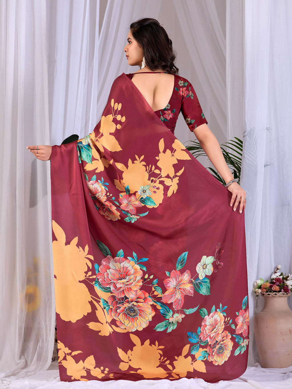 Aastha Fashion Maroon Soft Satin Georgette Printed Saree