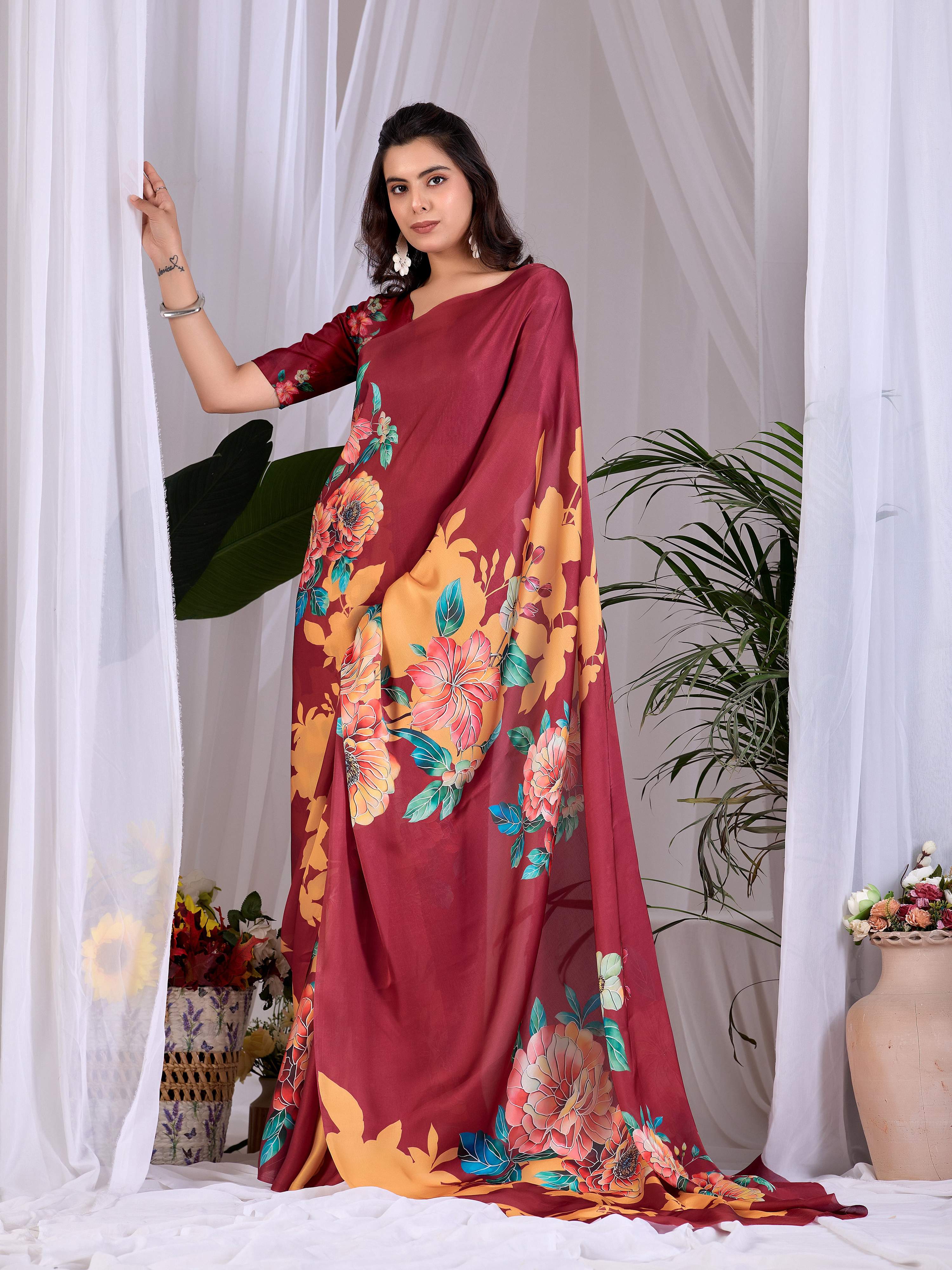 Aastha Fashion Maroon Soft Satin Georgette Printed Saree