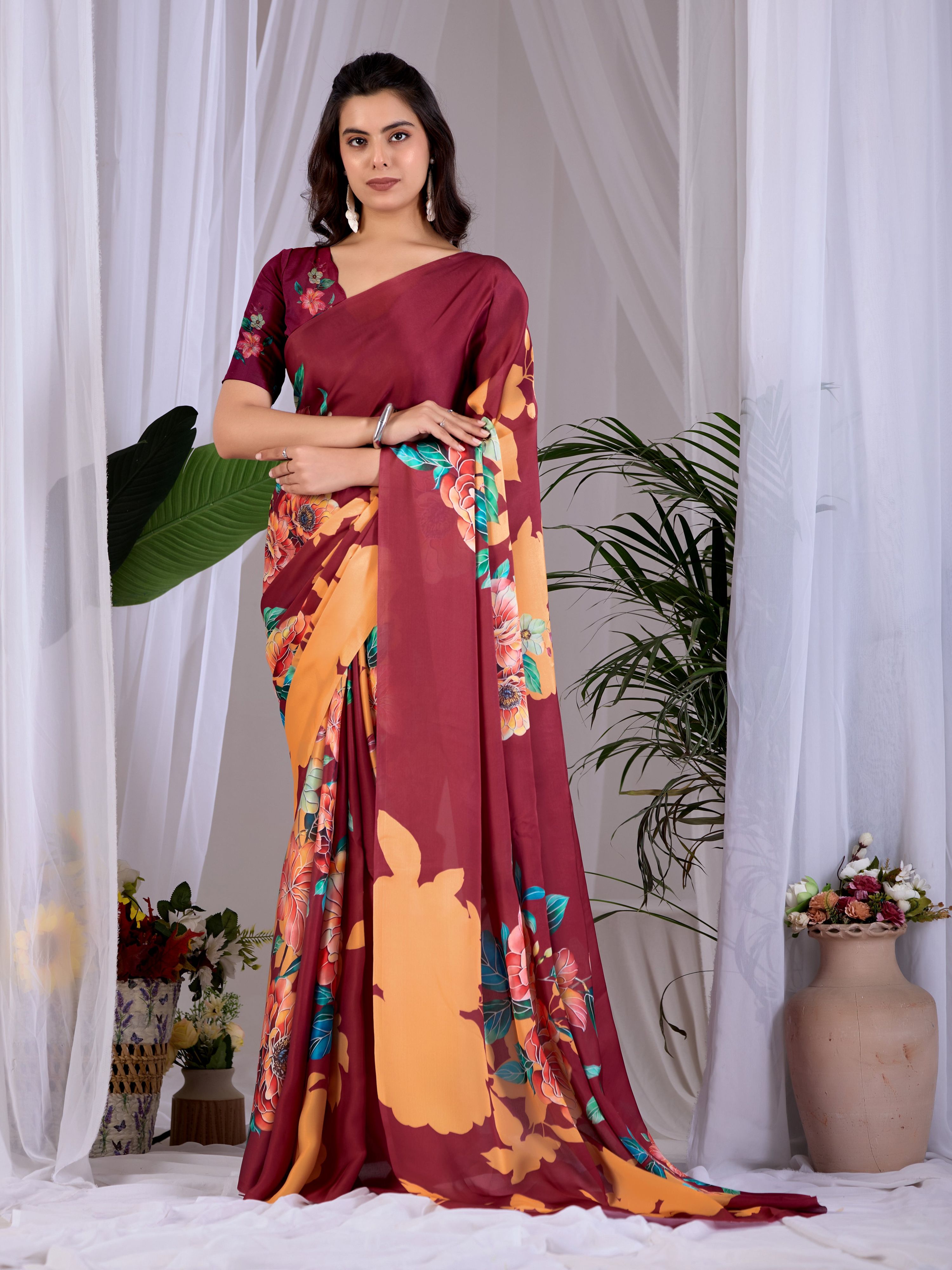 Aastha Fashion Maroon Soft Satin Georgette Printed Saree