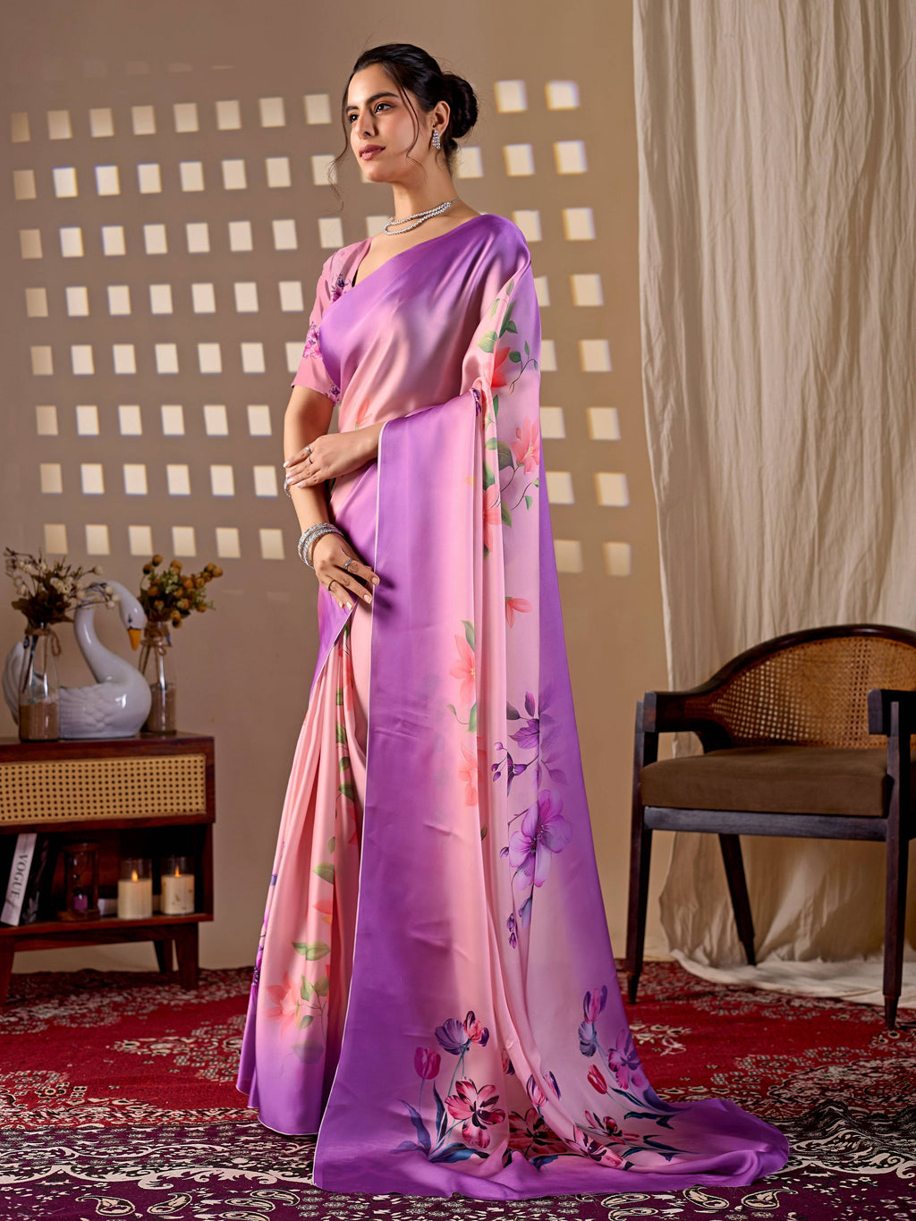 Aastha Fashion Purple Soft Satin Georgette Printed Saree