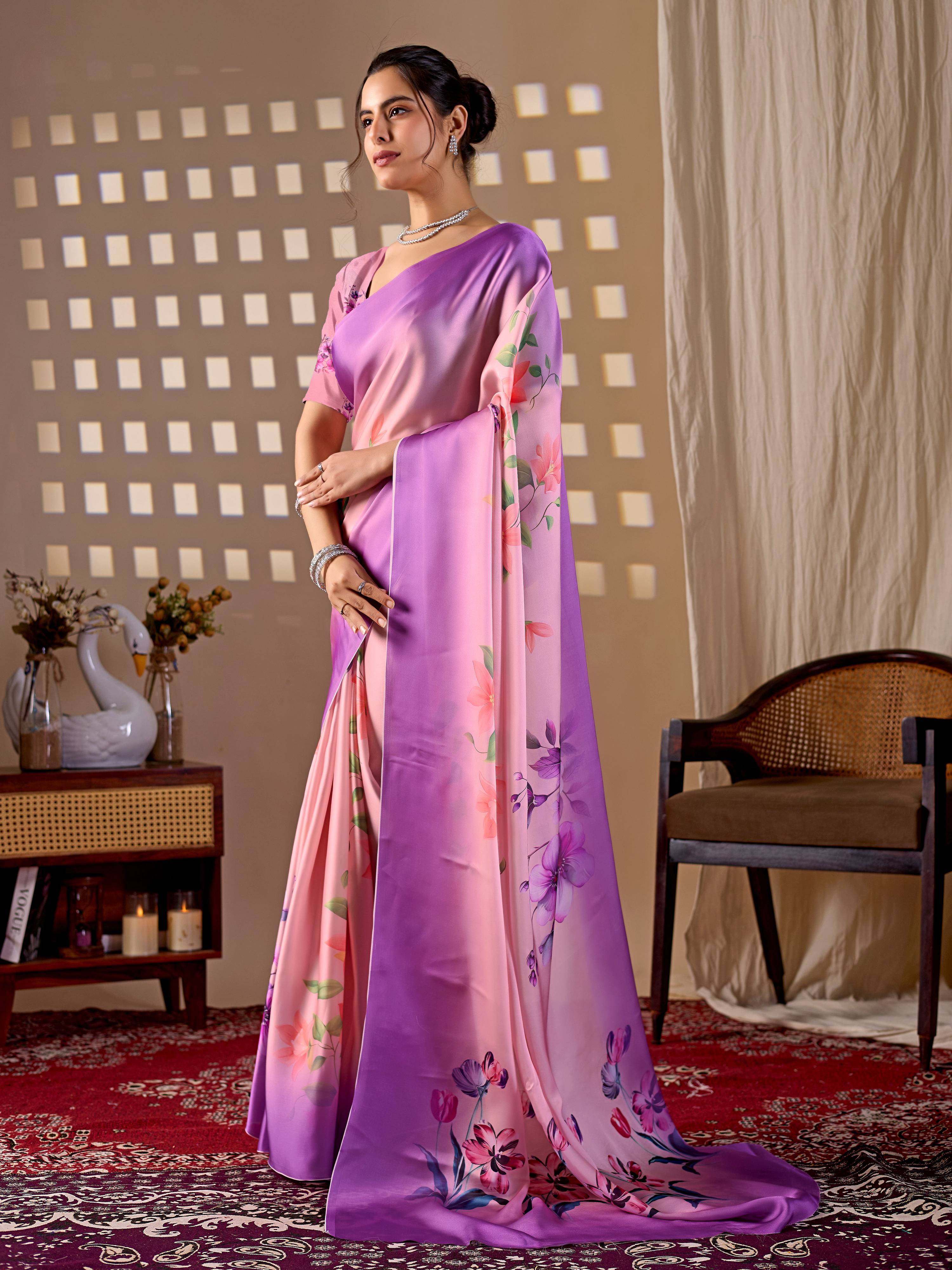 Aastha Fashion Purple Soft Satin Georgette Printed Saree