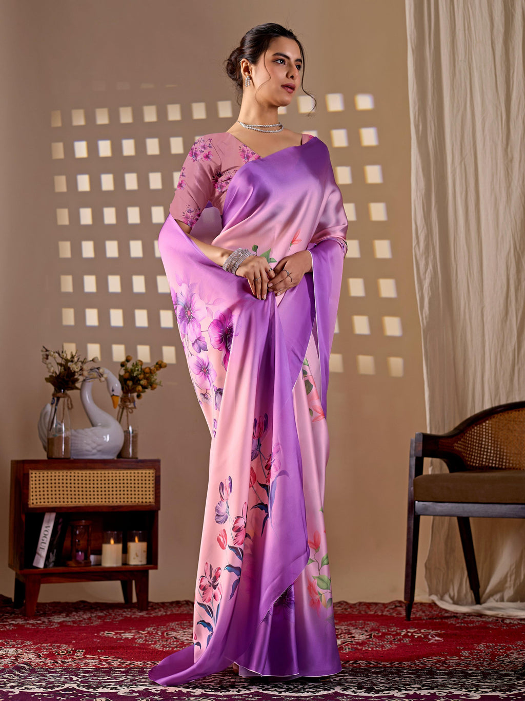 Aastha Fashion Purple Soft Satin Georgette Printed Saree