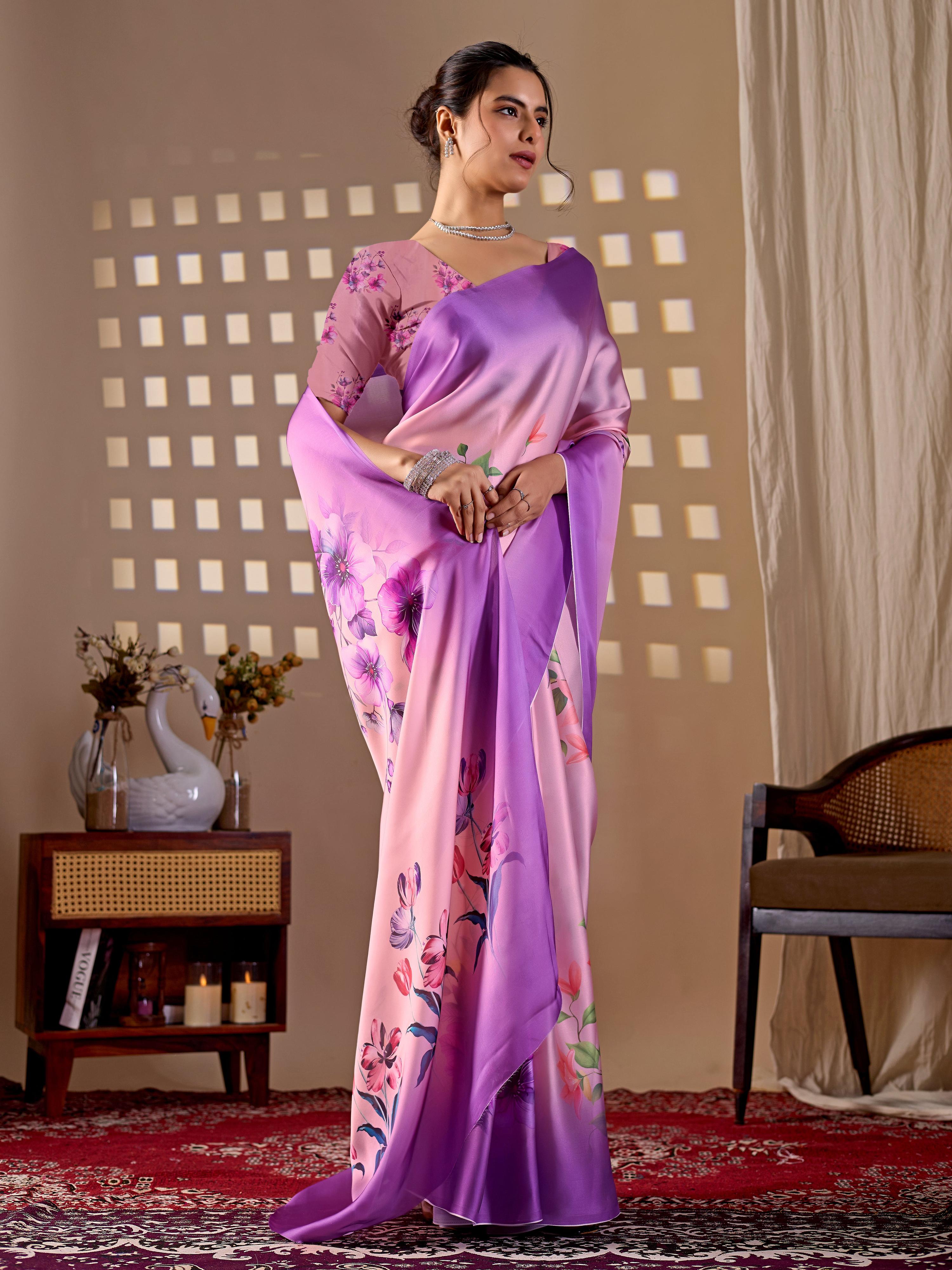 Aastha Fashion Purple Soft Satin Georgette Printed Saree