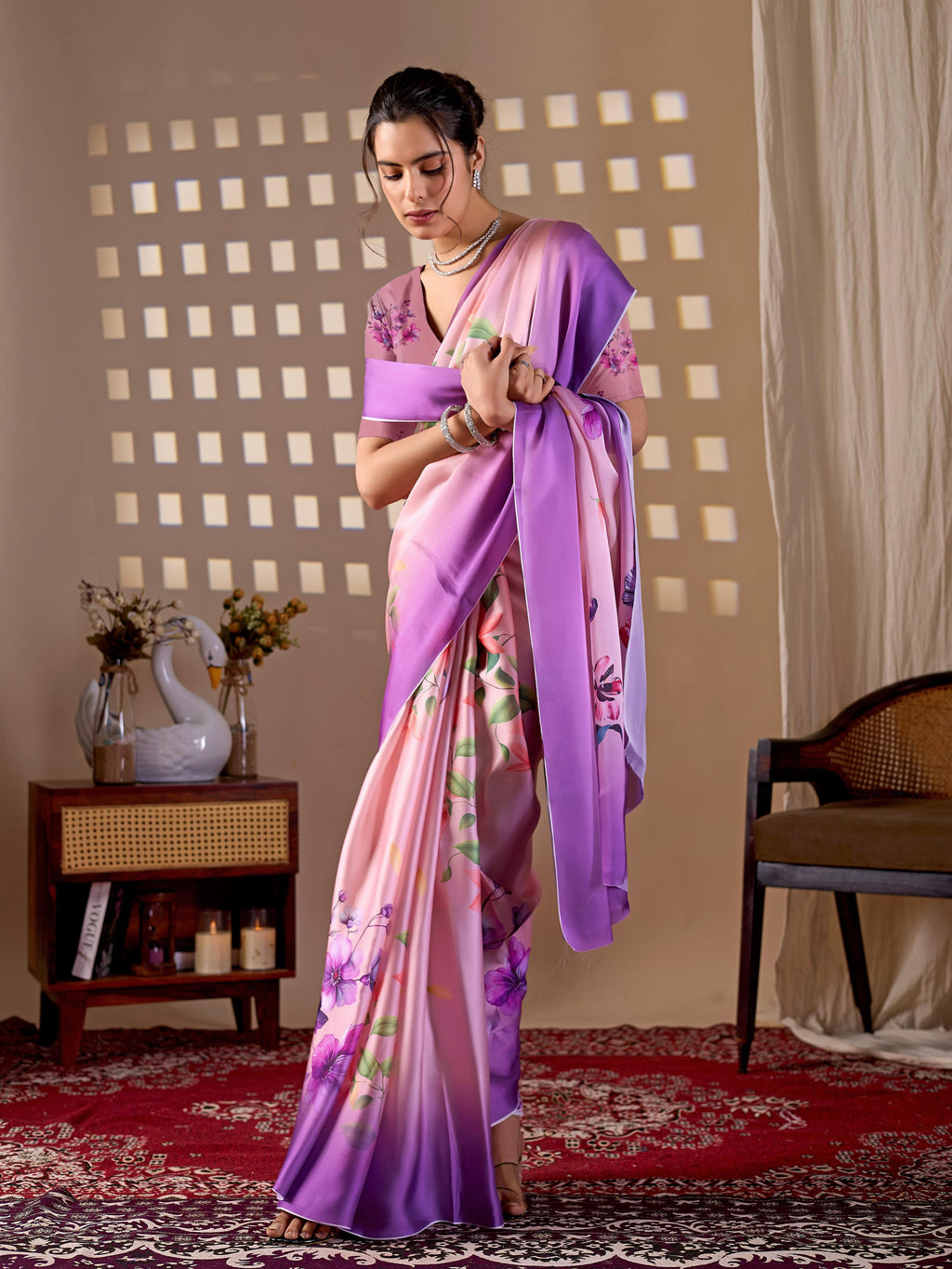 Aastha Fashion Purple Soft Satin Georgette Printed Saree