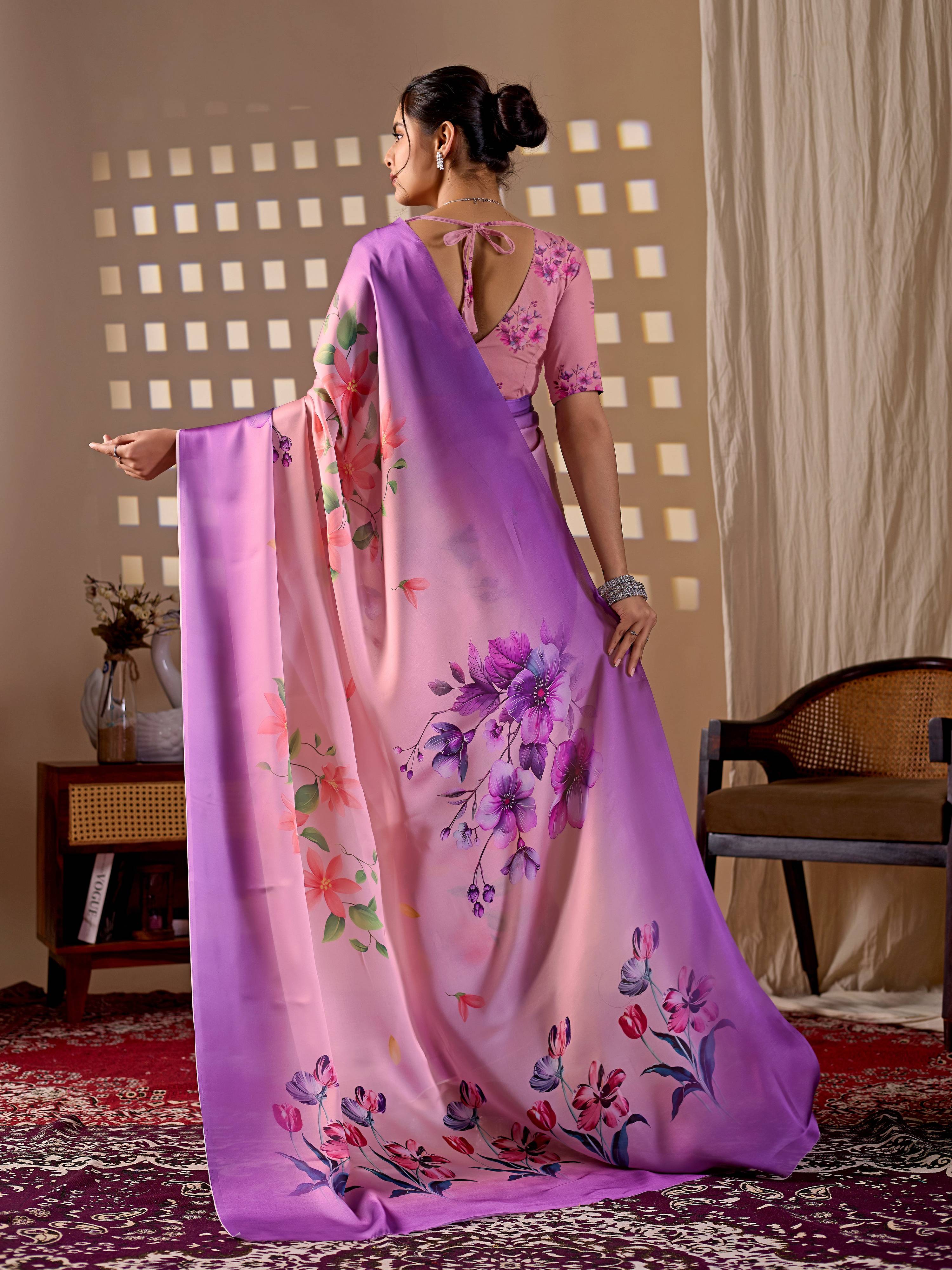 Aastha Fashion Purple Soft Satin Georgette Printed Saree
