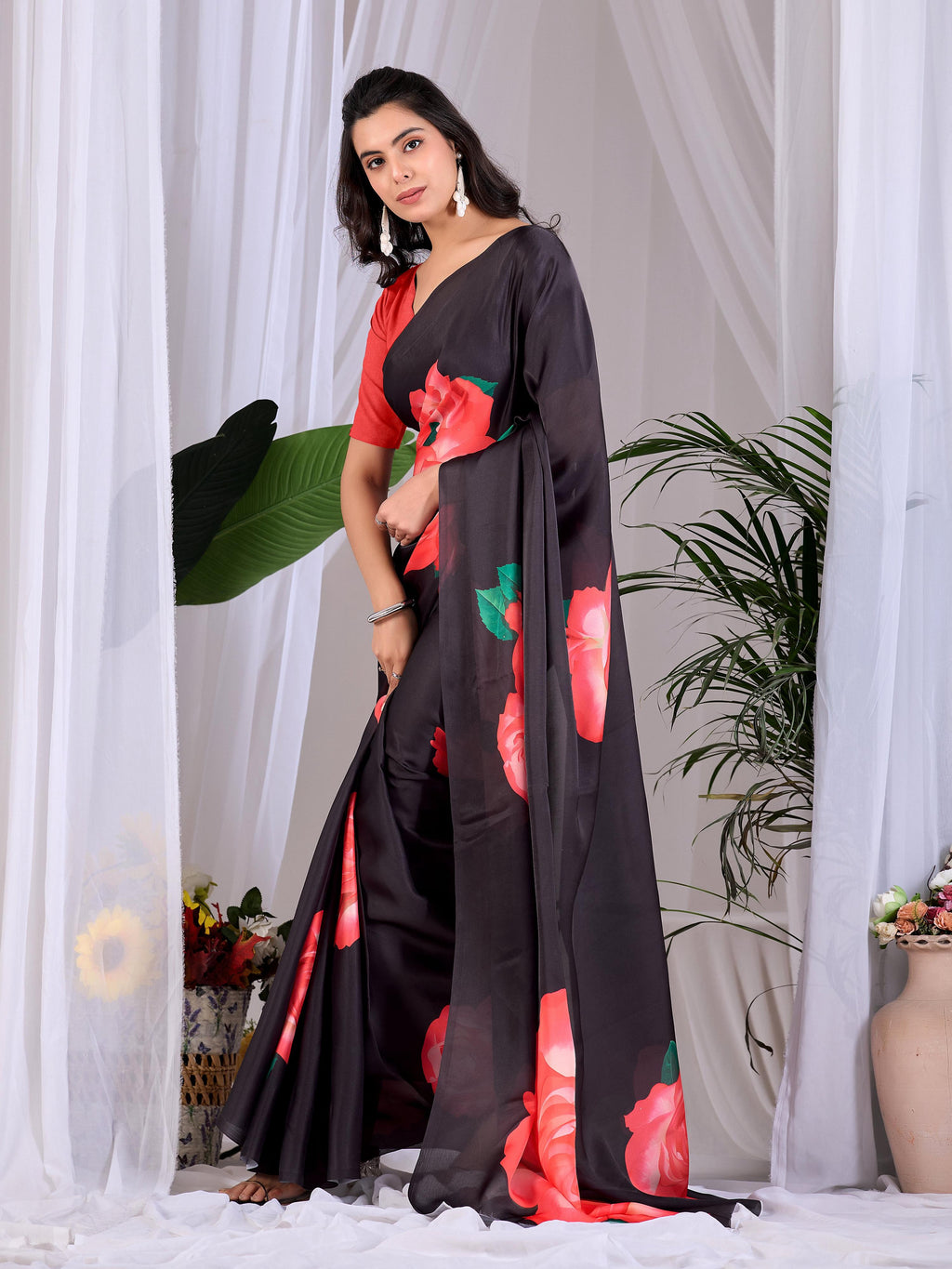 Aastha Fashion Black Soft Satin Georgette Printed Saree