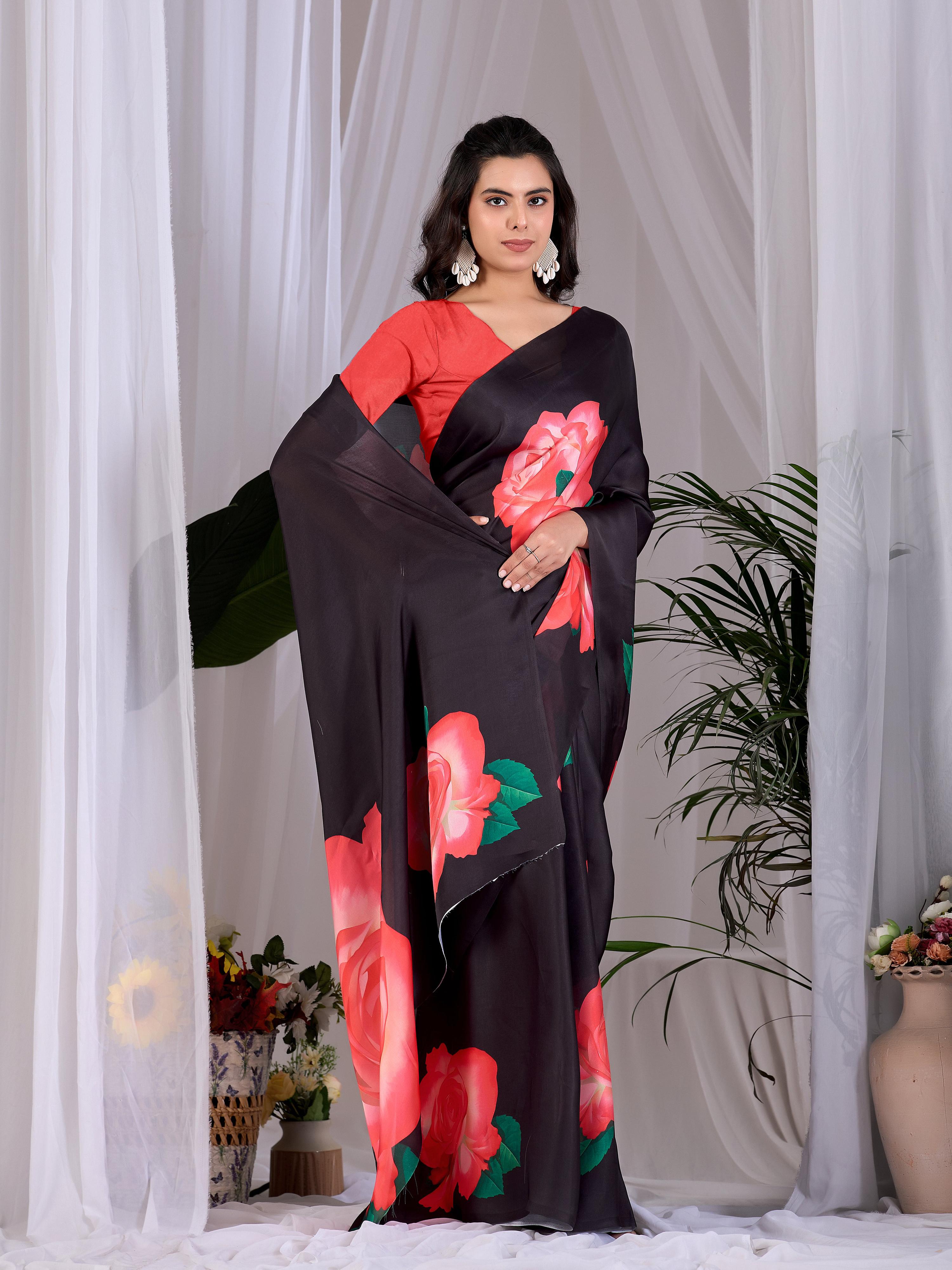 Aastha Fashion Black Soft Satin Georgette Printed Saree