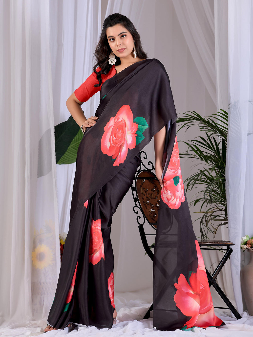 Aastha Fashion Black Soft Satin Georgette Printed Saree