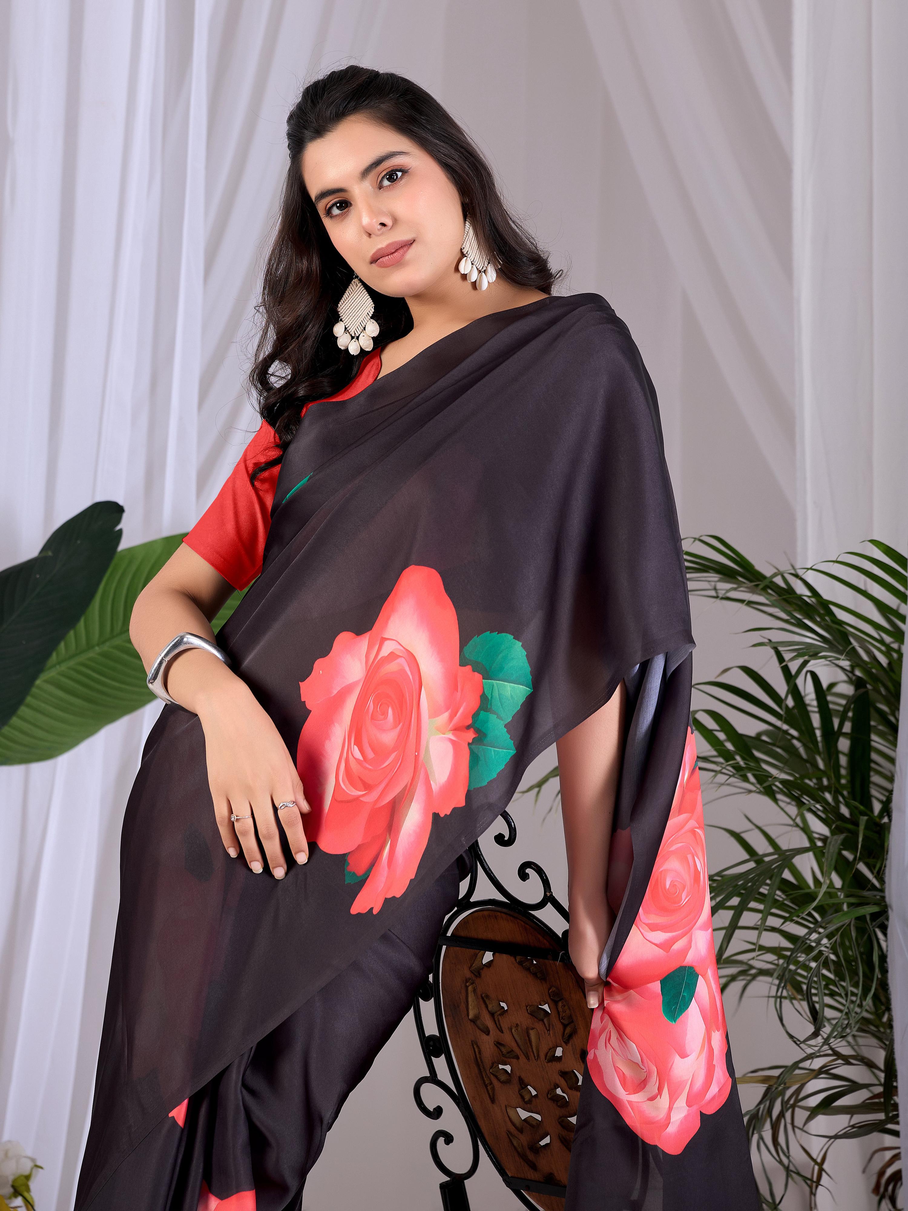 Aastha Fashion Black Soft Satin Georgette Printed Saree