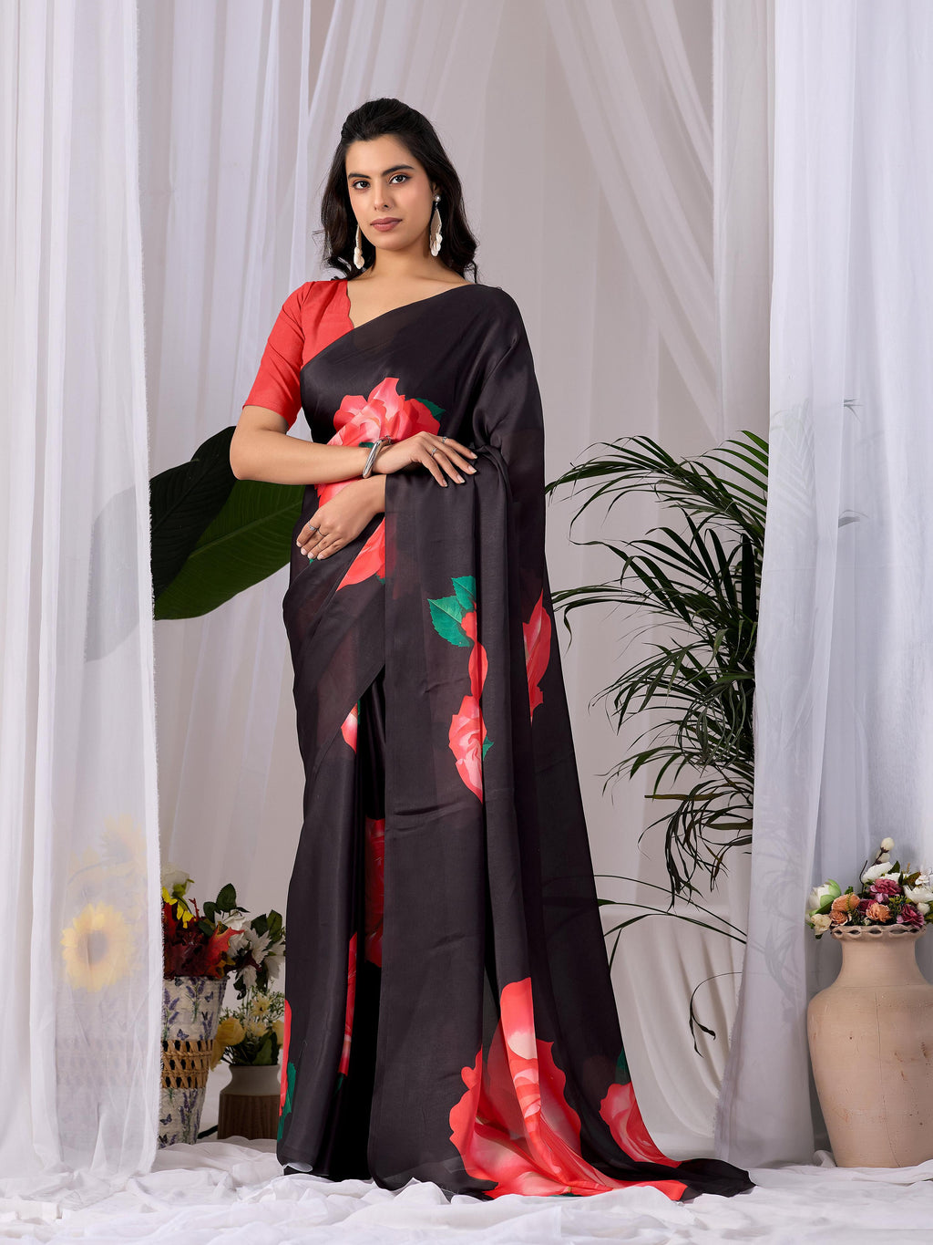 Aastha Fashion Black Soft Satin Georgette Printed Saree