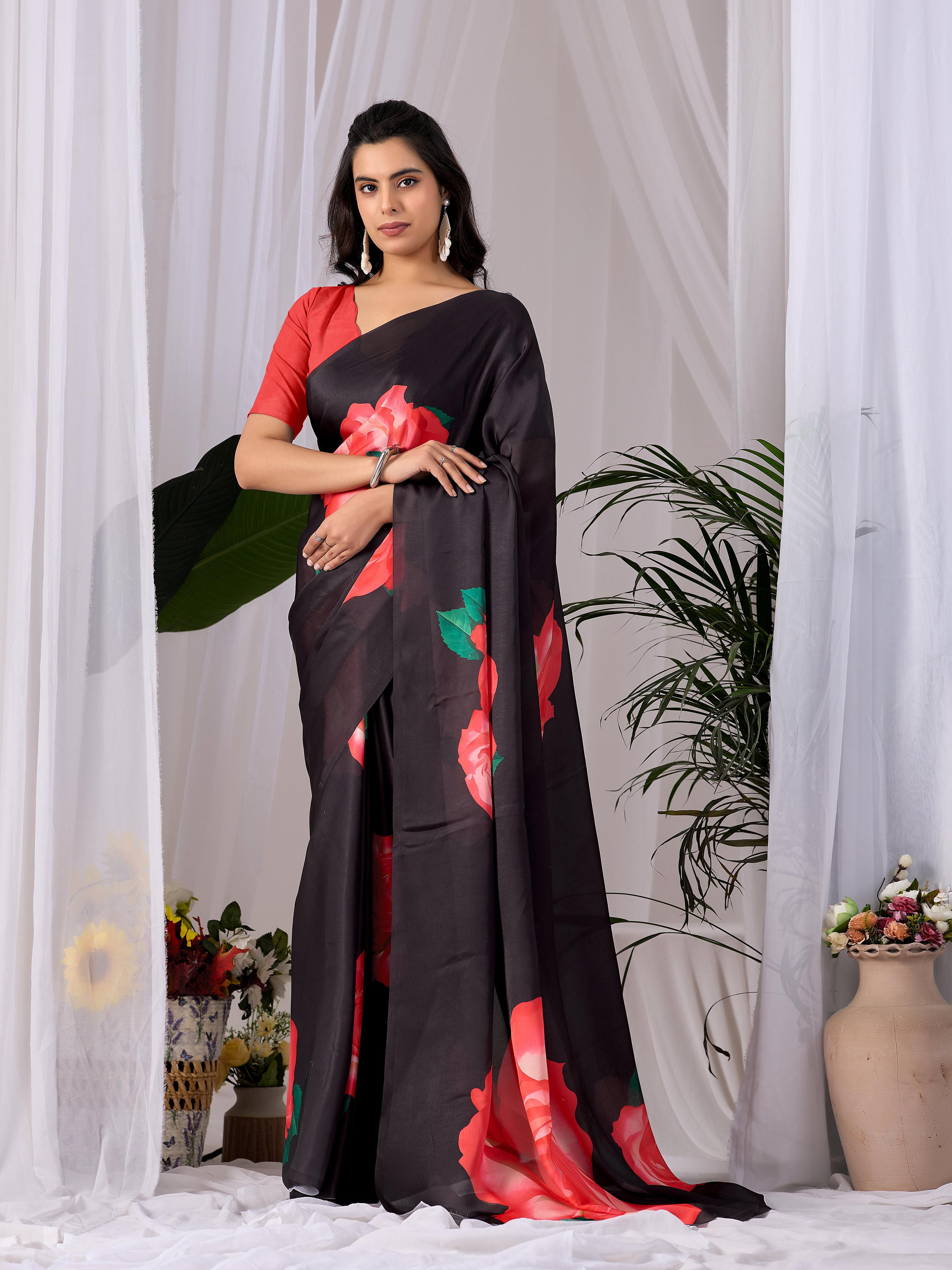 Aastha Fashion Black Soft Satin Georgette Printed Saree