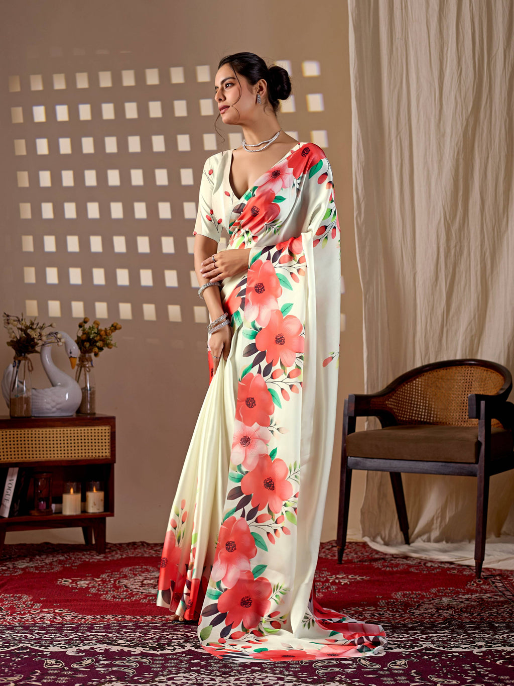 Aastha Fashion Cream Soft Satin Georgette Printed Saree