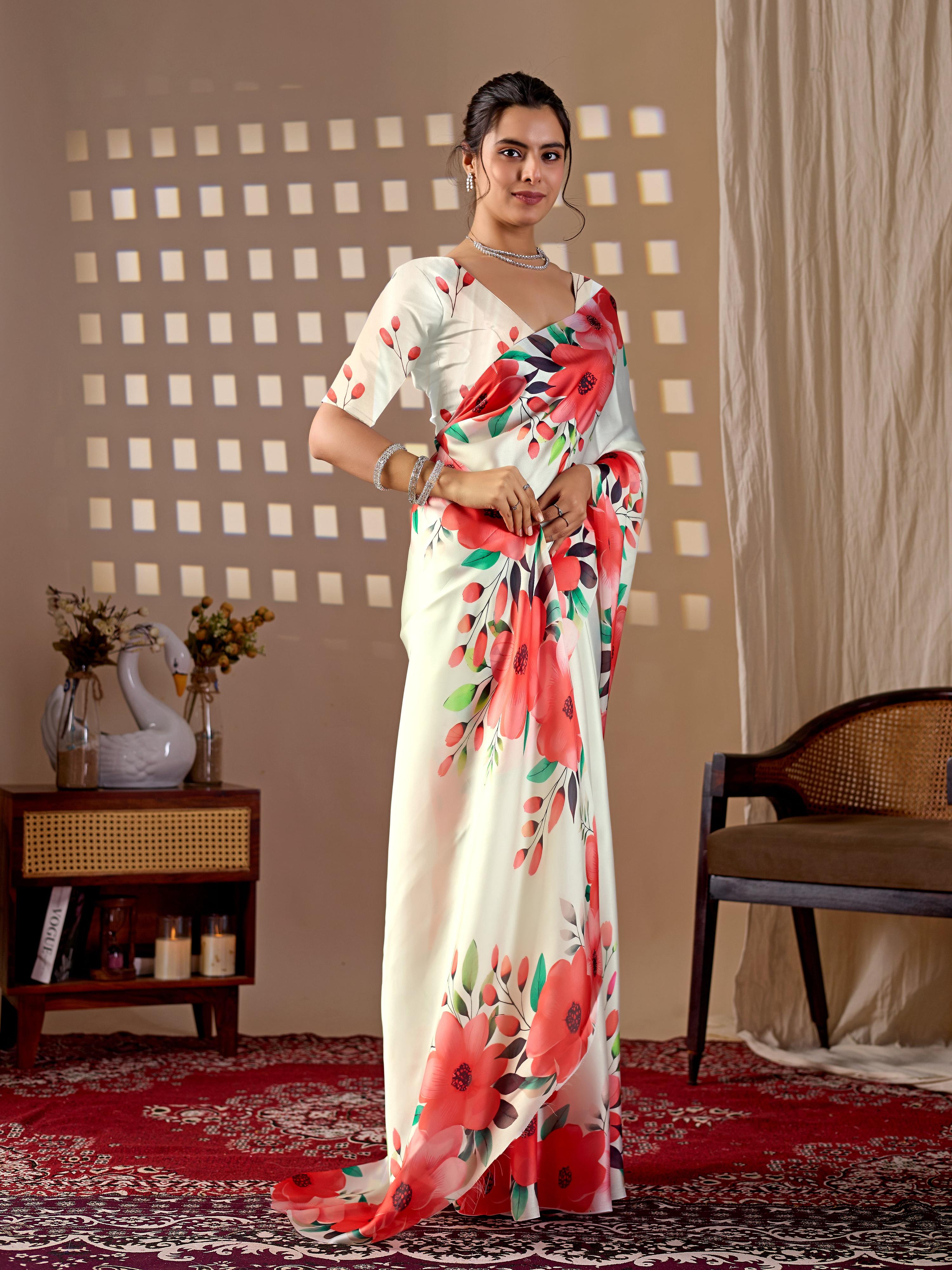 Aastha Fashion Cream Soft Satin Georgette Printed Saree