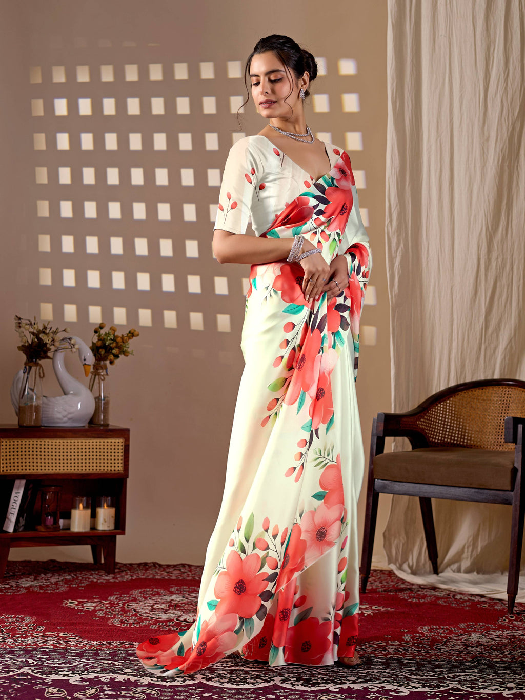 Aastha Fashion Cream Soft Satin Georgette Printed Saree