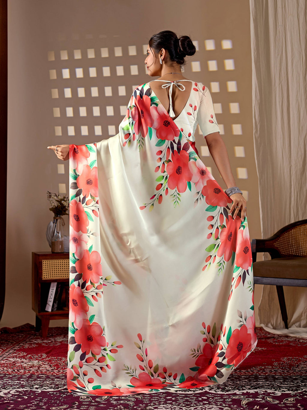 Aastha Fashion Cream Soft Satin Georgette Printed Saree
